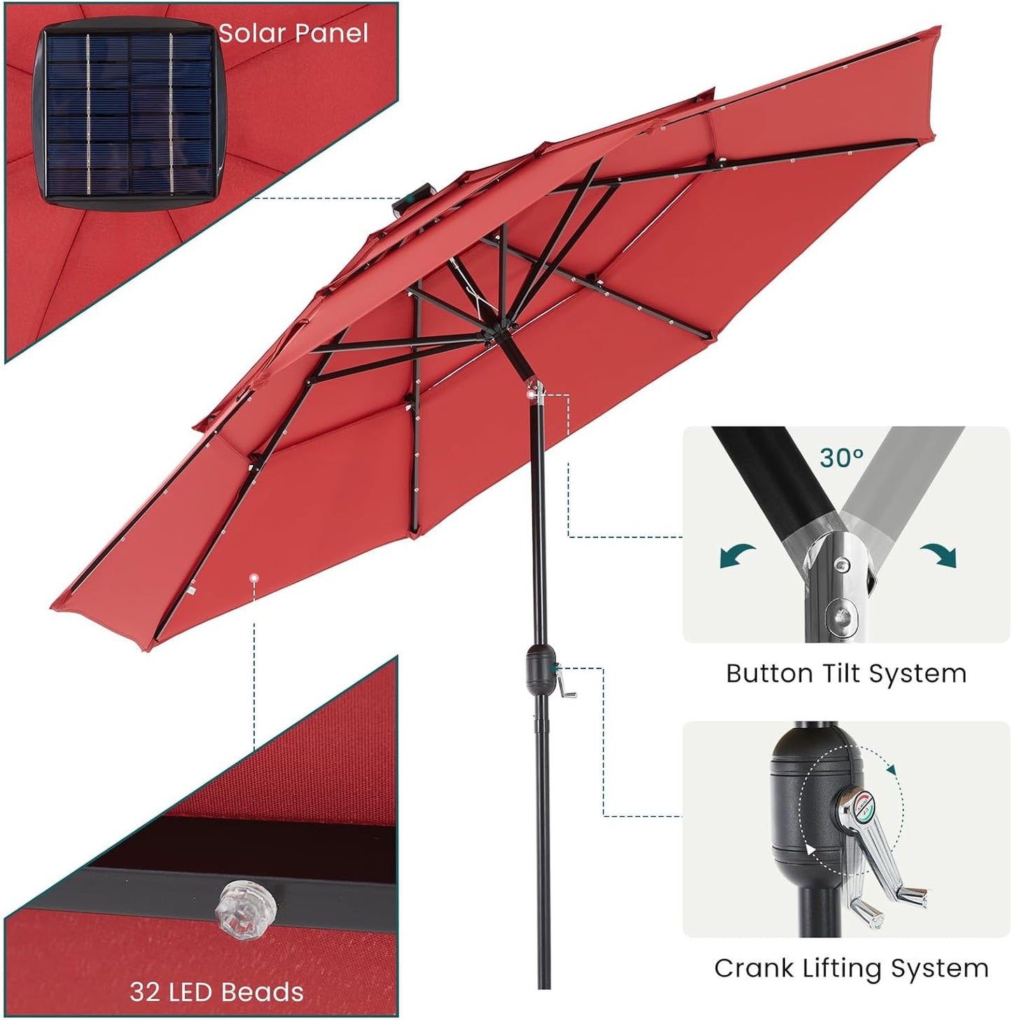 SMUG 10FT 3-Tier Solar Patio Umbrella with 32 LED Lights, Outdoor Umbrellas with Push Button Tilt and Crank, Tilting Table Umbrella with 8 Sturdy Ribs for Market, Beach, Pool, Garden, Deck, Backyard, Terrace, Restaurant, UV Protection, Red