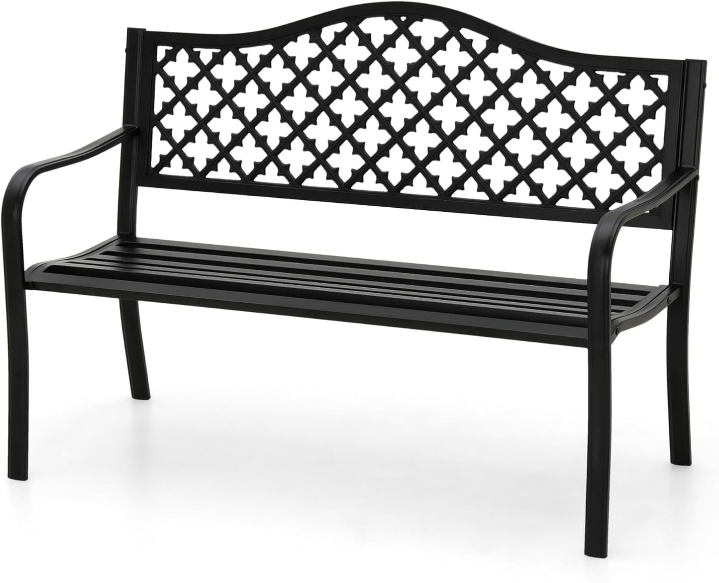 MFSTUDIO 50 Inches Outdoor Garden Bench, Cast Iron Metal Frame Patio Park Bench with Floral Pattern Backrest, Arch Legs for Porch Lawn Garden Yard(Black)