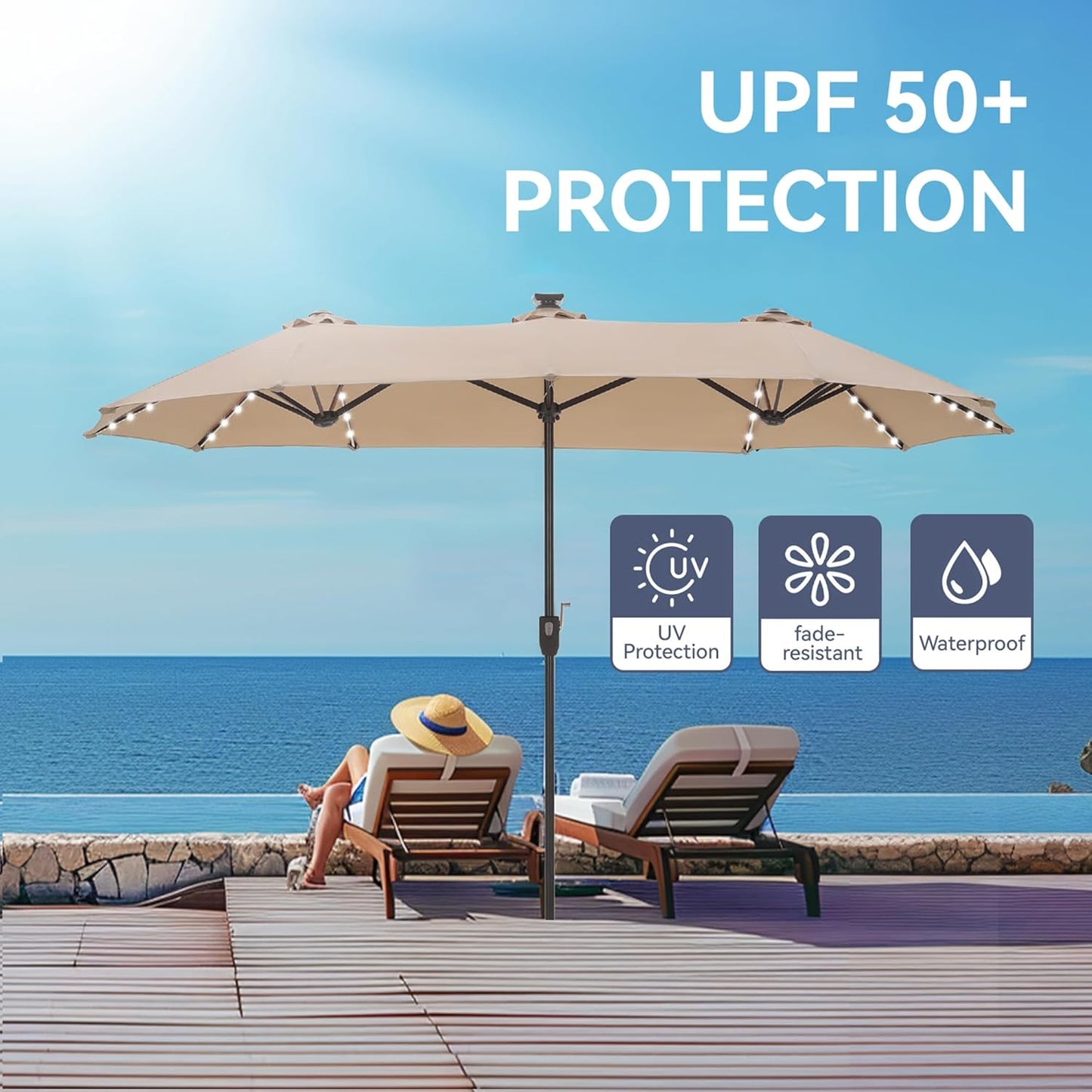GREEN PARTY 13 ft Rectangle Patio Umbrella with Solar Lights, Double-Sided Market Table Umbrella with Crank, Large Outdoor Umbrellas for Patio Poolside Garden Backyard, Beige