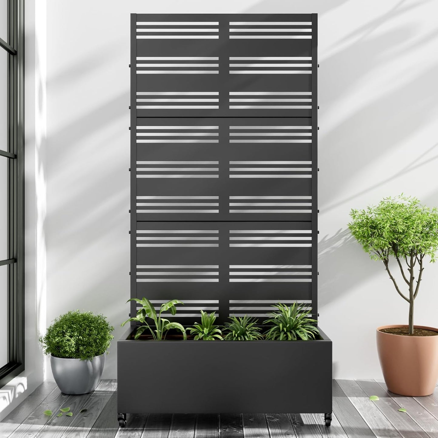 Casaphoria Metal Raised Garden Bed with Trellis and Wheels, 72"x47"x16" Arched Planter Box for Climbing Plants, Vegetables & Vines, Features Drainage Holes and Privacy Screen (Black-Fence)