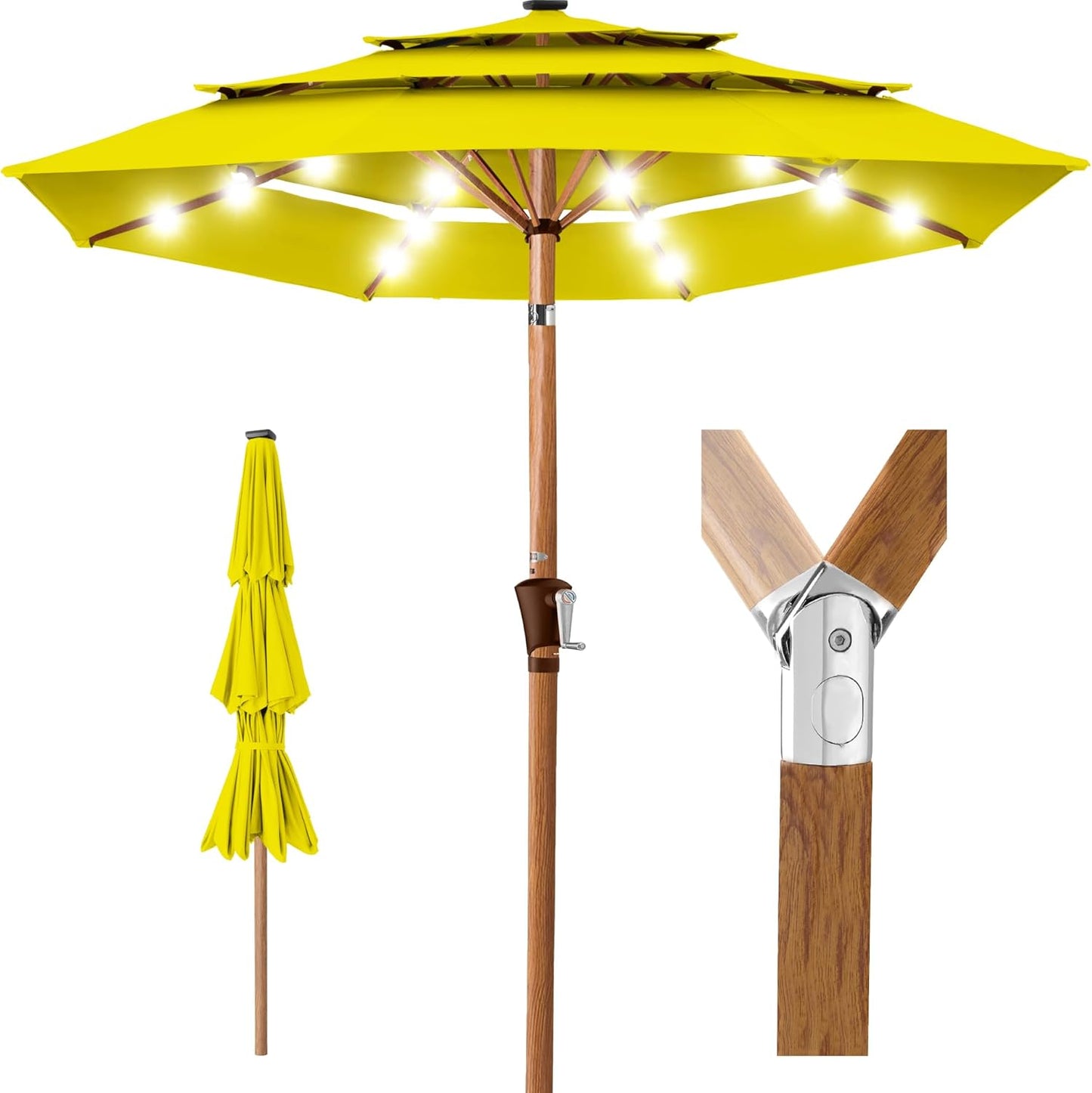 Best Choice Products 10ft 3-Tier Solar Patio Umbrella, Outdoor Market Sun Shade for Backyard, Deck, Poolside w/ 24 LED Lights, Tilt Adjustment, Easy Crank, 8 Ribs - Gray