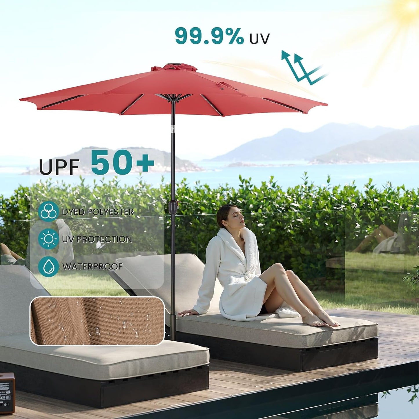 OLIXIS 10FT Solar Patio Umbrella with 32 LED Lights, Tilt and Crank Button, 8 Sturdy Ribs Waterproof, Patio Umbrellas Sun Shade for Poolside, Terrace, Beach and Outdoor Restaurant, Deep Red