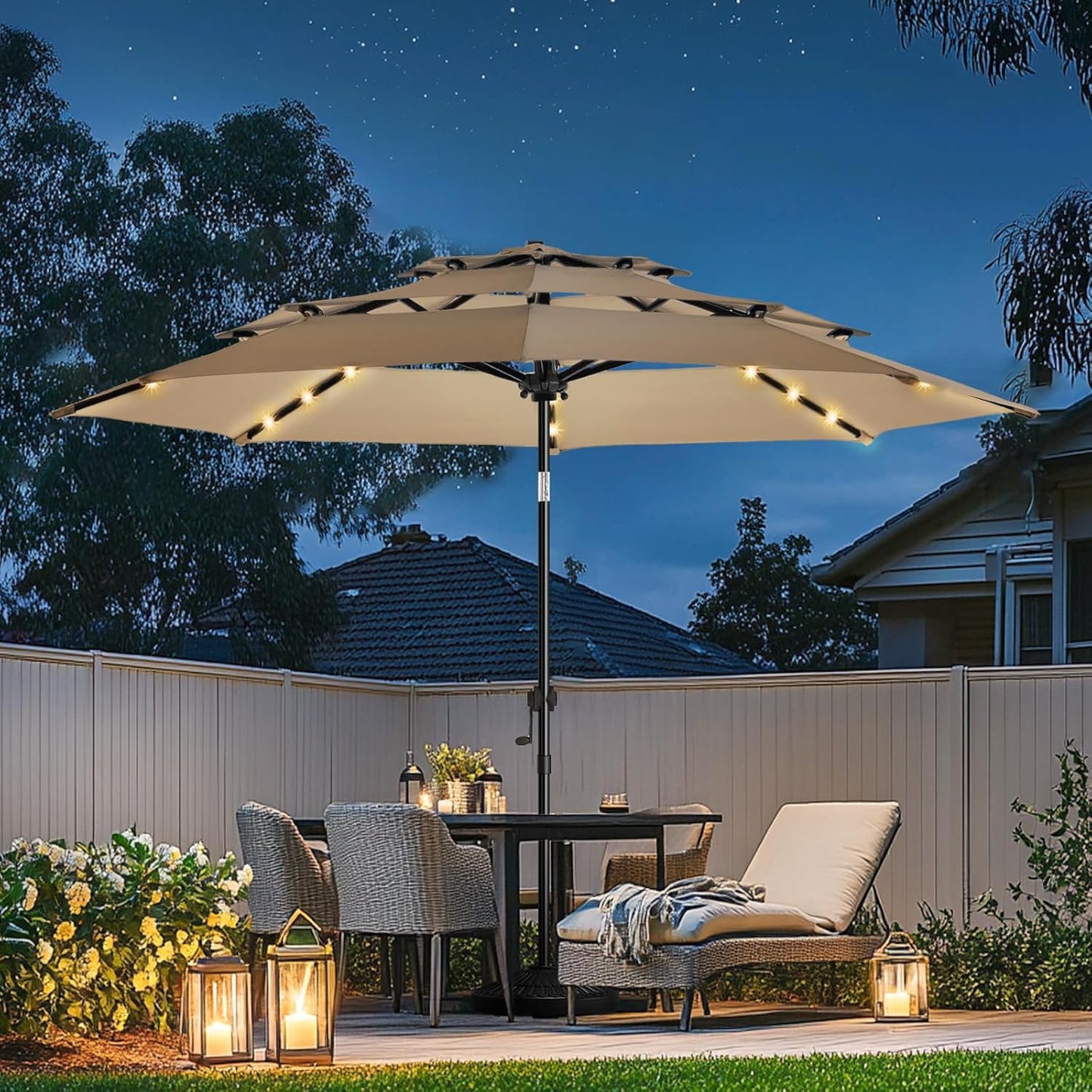 wikiwiki 9FT 3Tiers Solar Led Patio Umbrella, Sturdy Outdoor Market Umbrella for Deck, Pool, Garden w/Tilt, Crank, 32 LED Lights, Beige