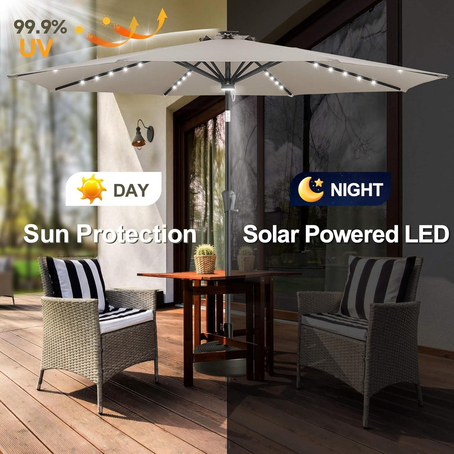 FLAME&SHADE 9 ft Patio Umbrella with Solar Lights, 40 LED Lighted Table Outdoor Umbrella for Deck, Pool, Porch, Backyard, Market, Garden, 8 Sturdy Ribs, UV Protection, Taupe