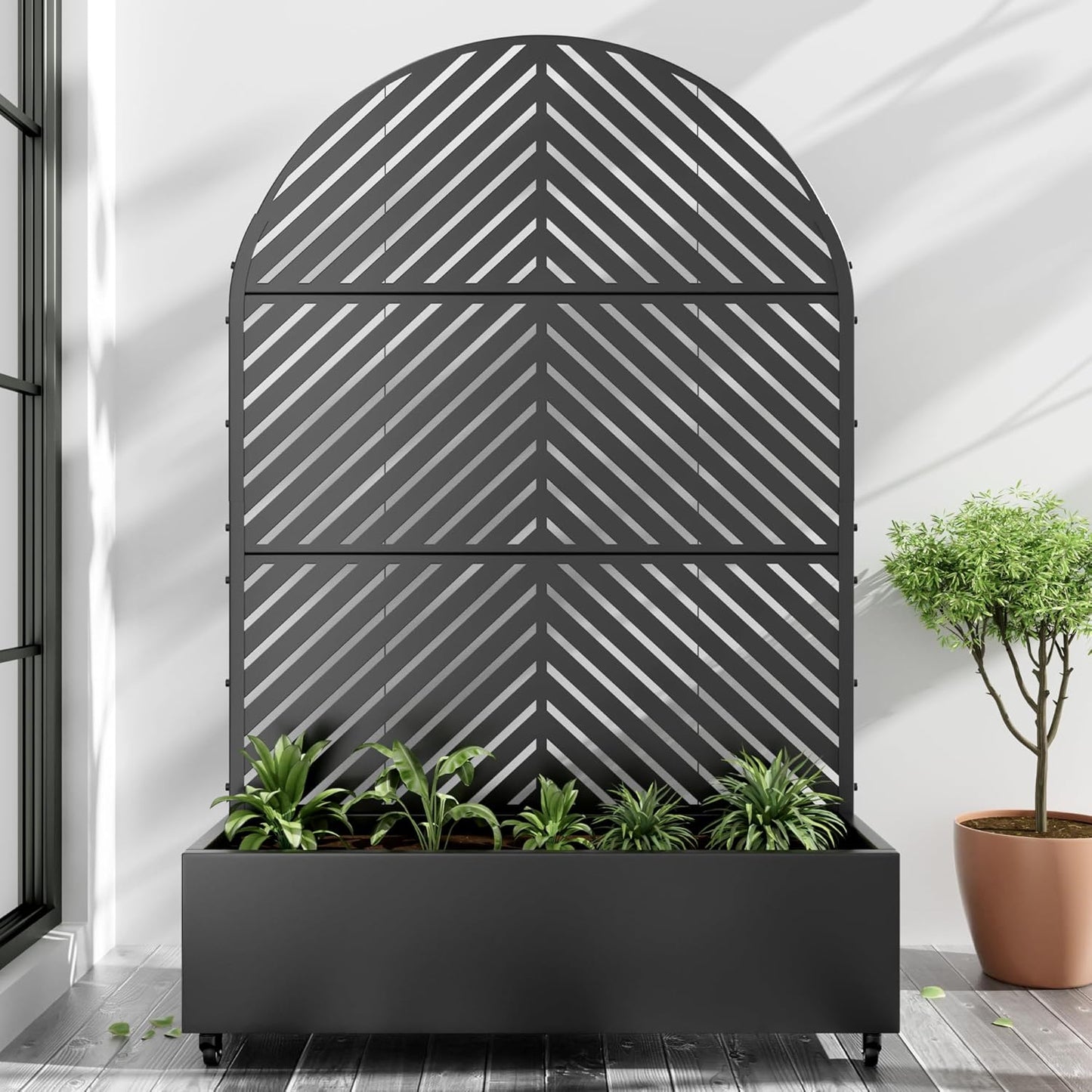 Casaphoria Metal Raised Garden Bed with Trellis and Wheels, 72"x47"x16" Arched Planter Box for Climbing Plants, Vegetables & Vines, Features Drainage Holes and Privacy Screen (Black-Fence)