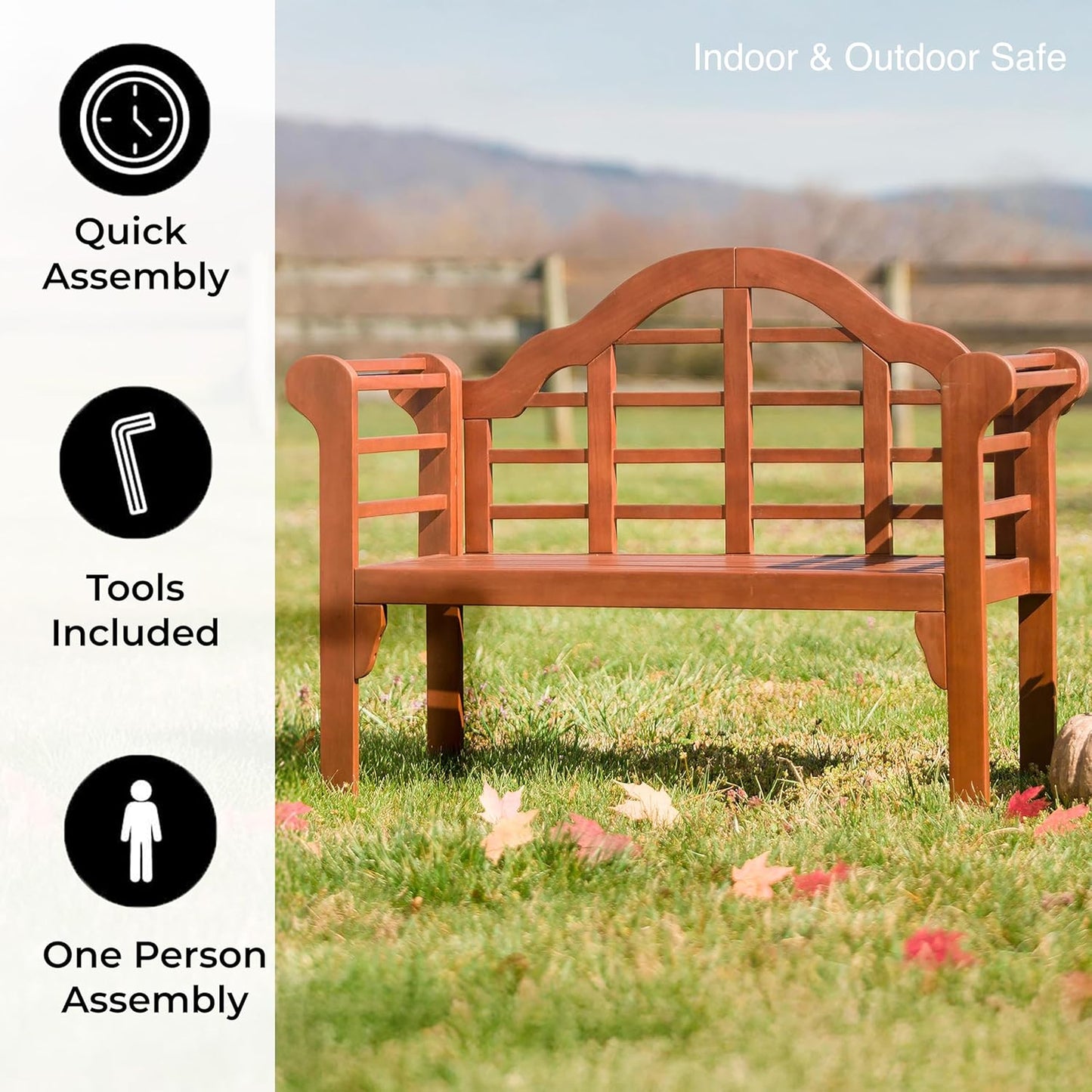 Plow & Hearth Weatherproof Lutyens Eucalyptus Wood Garden Bench | Foldable Patio Benches | Outdoor Furniture Seating for Porch Park Deck | Natural