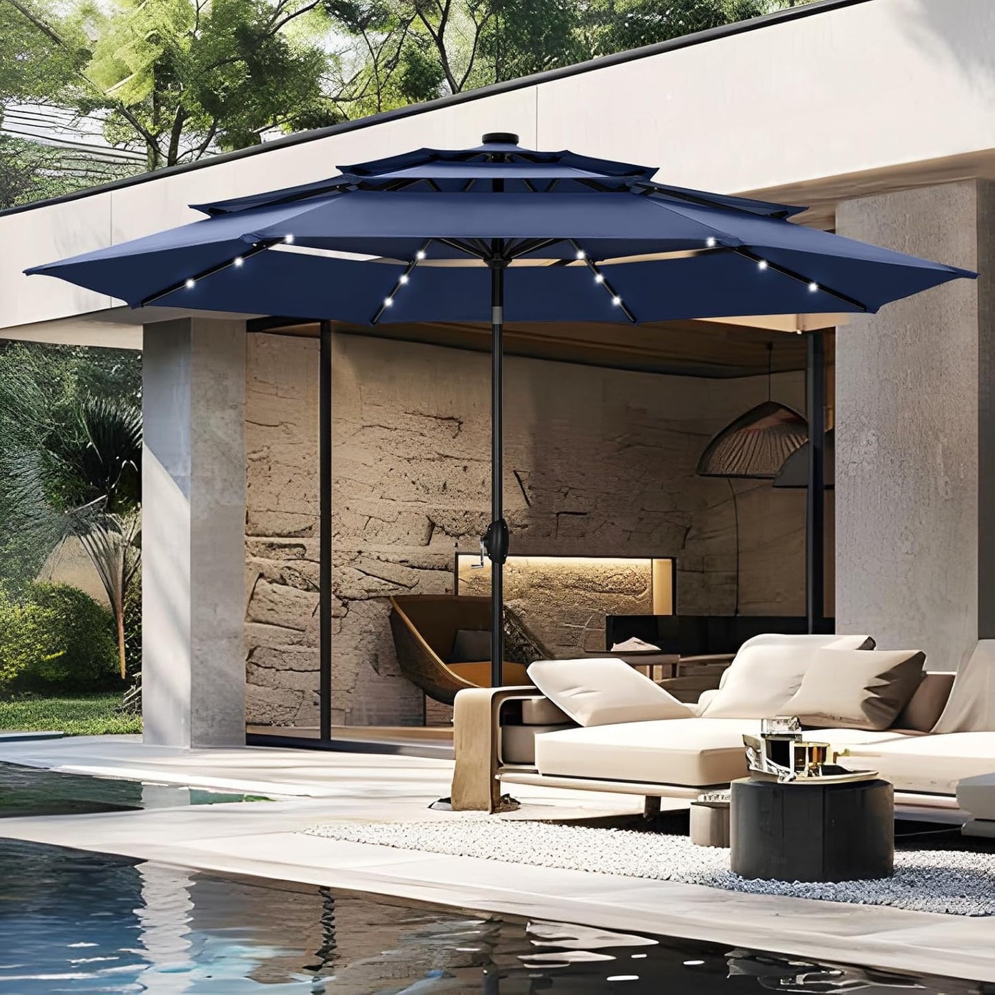 PHI VILLA 10ft Patio Umbrella with Solar Lights, Outdoor 3 Tier Vented Large Market Table Umbrella with 8 Sturdy Ribs and 1.5" Umbrellla Pole for Lawn Poolside Garden Terrace, Beige & Tan