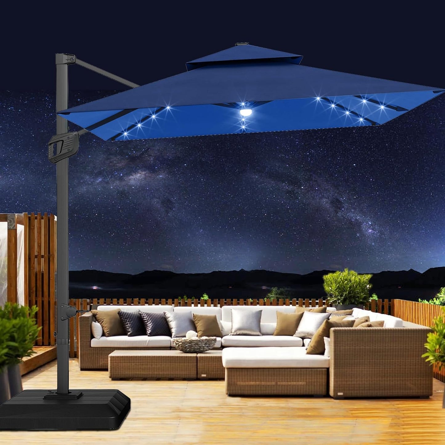 10' x 10' Heavy Duty Cantilever Patio Umbrella with Solar LED Lights & Weighted Base, 2-Tier Square Aluminum Offset Outdoor Umbrella with 360-Degree Rotation for Backyard, Deck, Pool, Tan