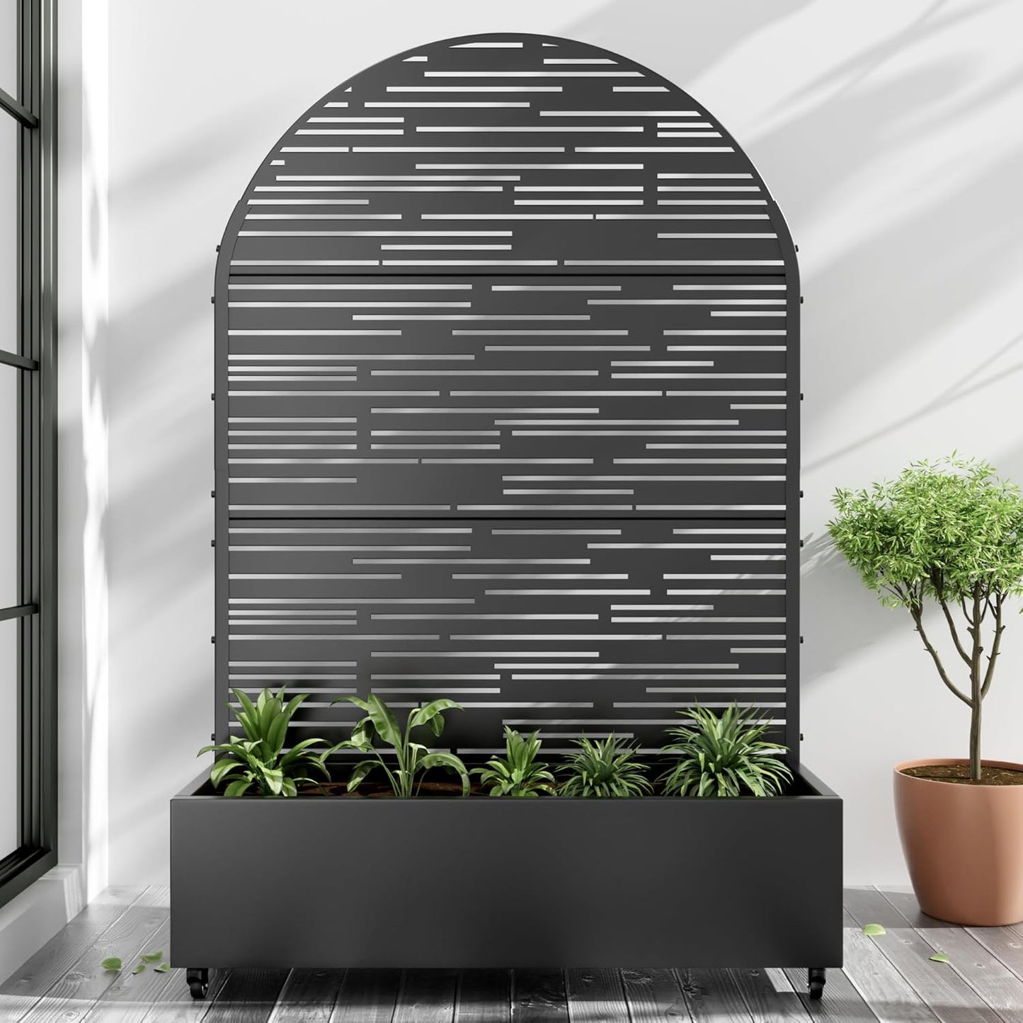 Casaphoria Metal Raised Garden Bed with Trellis and Wheels, 72"x47"x16" Arched Planter Box for Climbing Plants, Vegetables & Vines, Features Drainage Holes and Privacy Screen (Black-Fence)