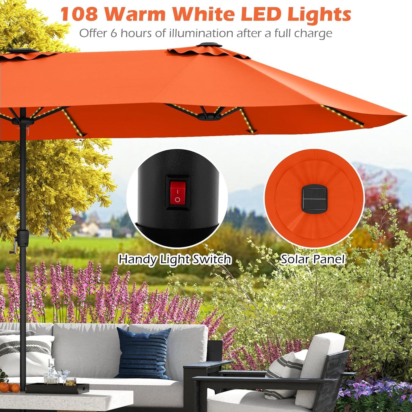 HAPPYGRILL 15.5 FT Double-sided Patio Umbrella with Solar Lights, Outdoor Twin Size Umbrella with Crank Handle & Heavy-Duty Ribs, Oversized Rectangle Umbrella for Garden Deck Poolside