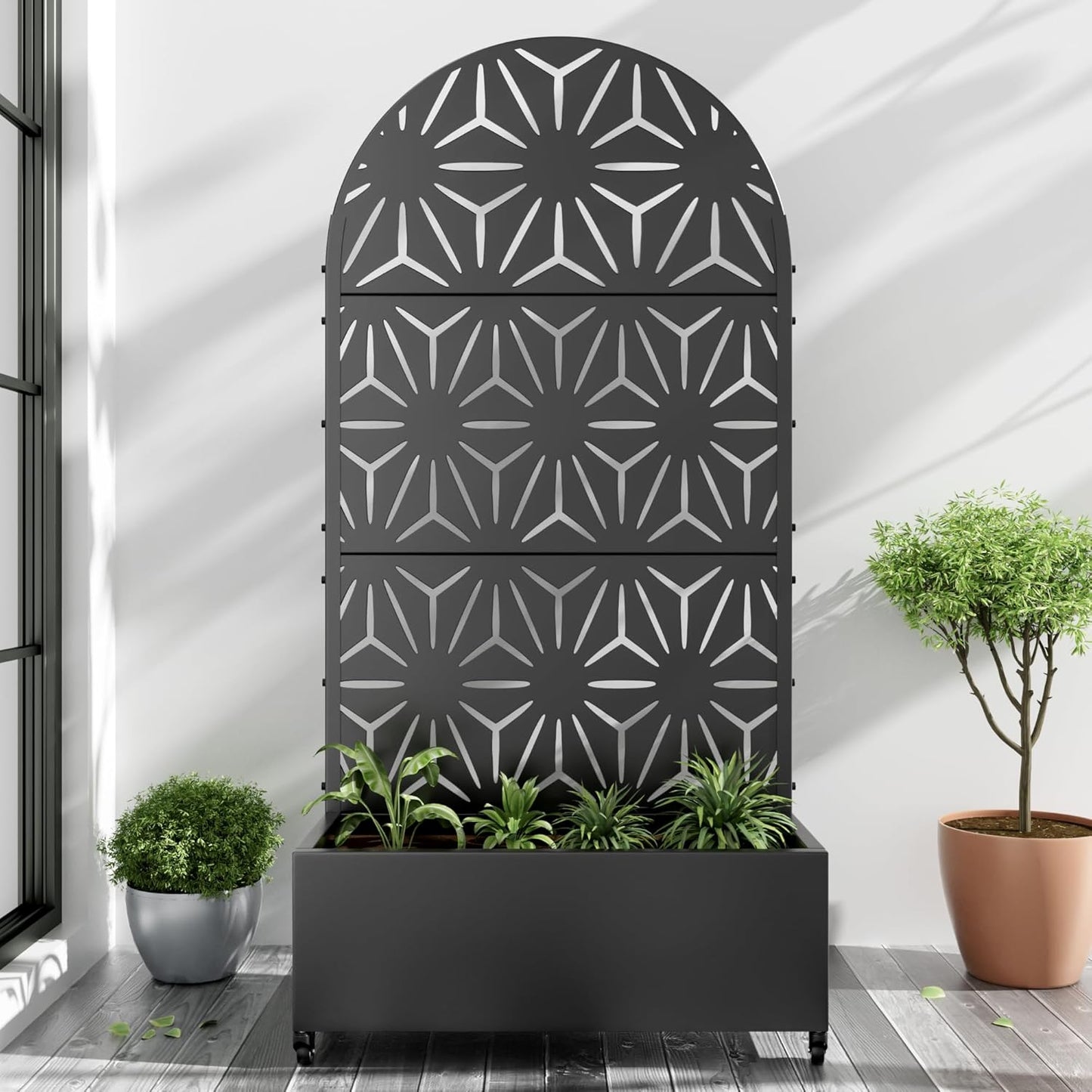 Casaphoria Metal Raised Garden Bed with Trellis and Wheels, 72"x47"x16" Arched Planter Box for Climbing Plants, Vegetables & Vines, Features Drainage Holes and Privacy Screen (Black-Fence)