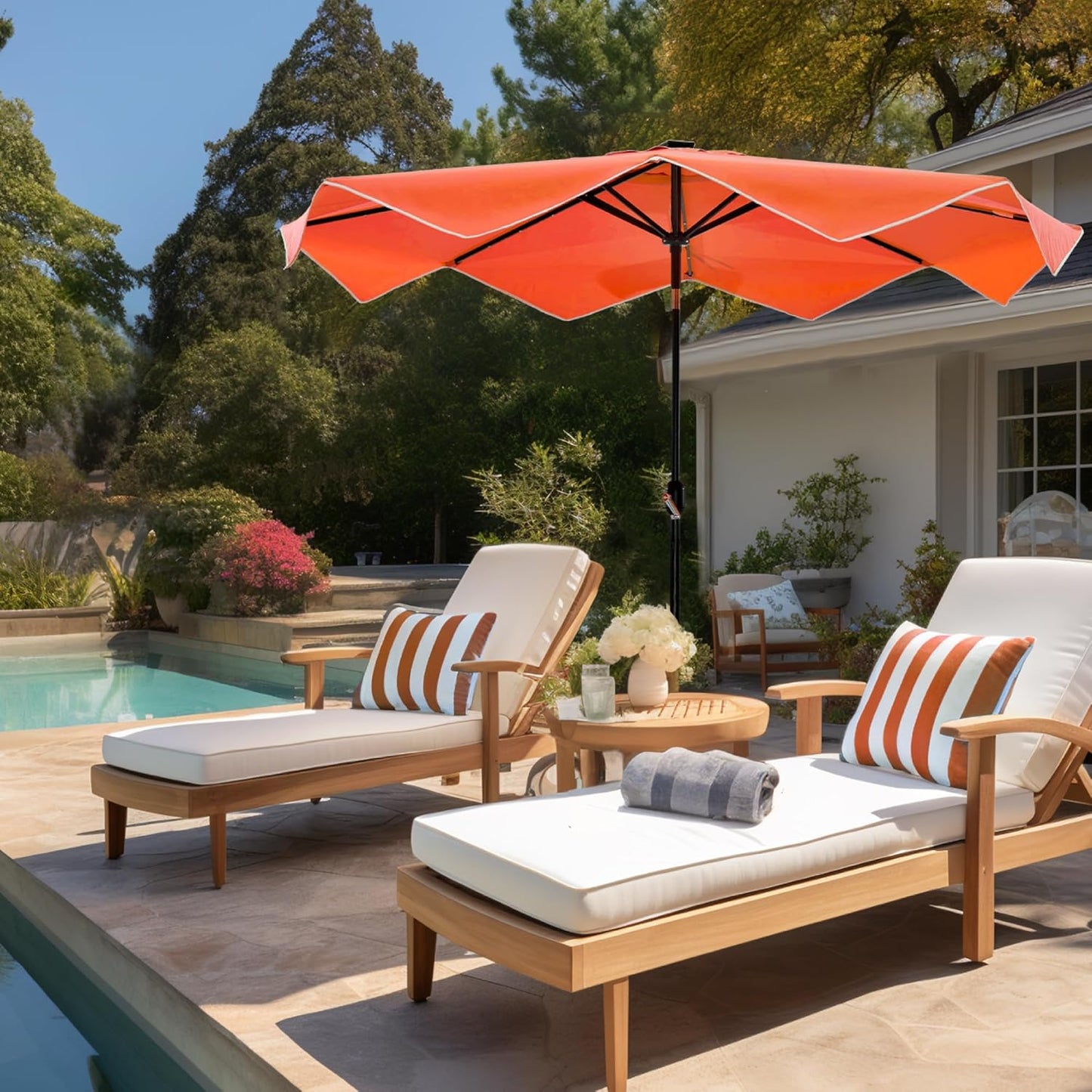 PHI VILLA 10ft Patio Umbrella with Solar Lights, Outdoor 3 Tier Vented Large Market Table Umbrella with 8 Sturdy Ribs and 1.5" Umbrellla Pole for Lawn Poolside Garden Terrace, Beige & Tan