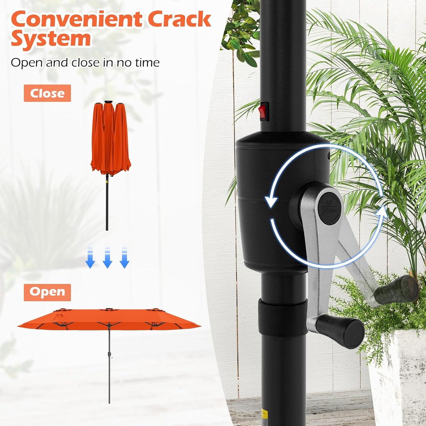 HAPPYGRILL 15.5 FT Double-sided Patio Umbrella with Solar Lights, Outdoor Twin Size Umbrella with Crank Handle & Heavy-Duty Ribs, Oversized Rectangle Umbrella for Garden Deck Poolside
