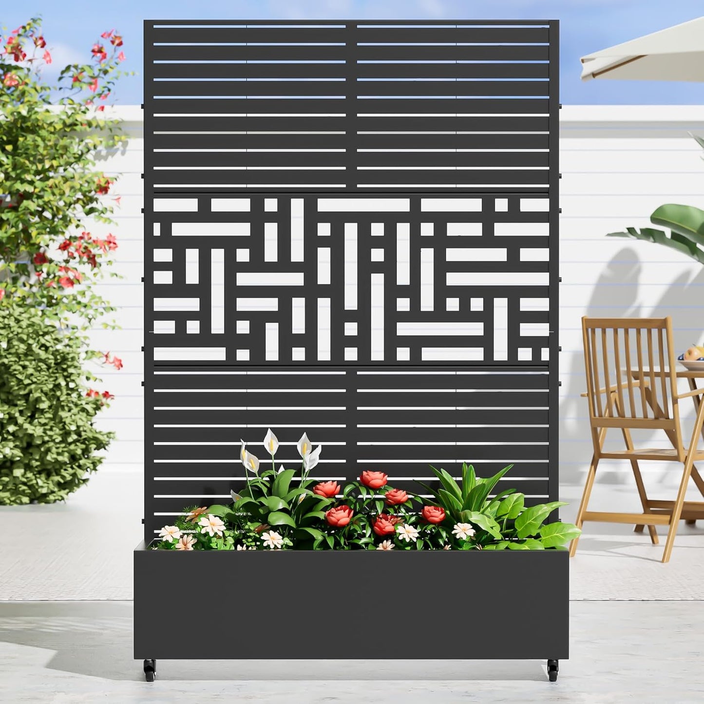 Casaphoria Metal Raised Garden Bed with Trellis and Wheels, 72"x47"x16" Arched Planter Box for Climbing Plants, Vegetables & Vines, Features Drainage Holes and Privacy Screen (Black-Fence)