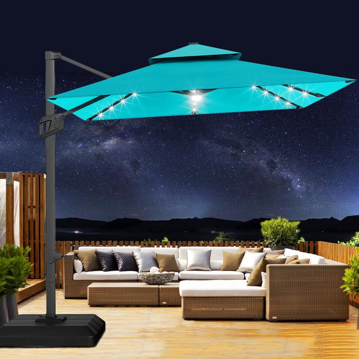 10' x 10' Heavy Duty Cantilever Patio Umbrella with Solar LED Lights & Weighted Base, 2-Tier Square Aluminum Offset Outdoor Umbrella with 360-Degree Rotation for Backyard, Deck, Pool, Tan