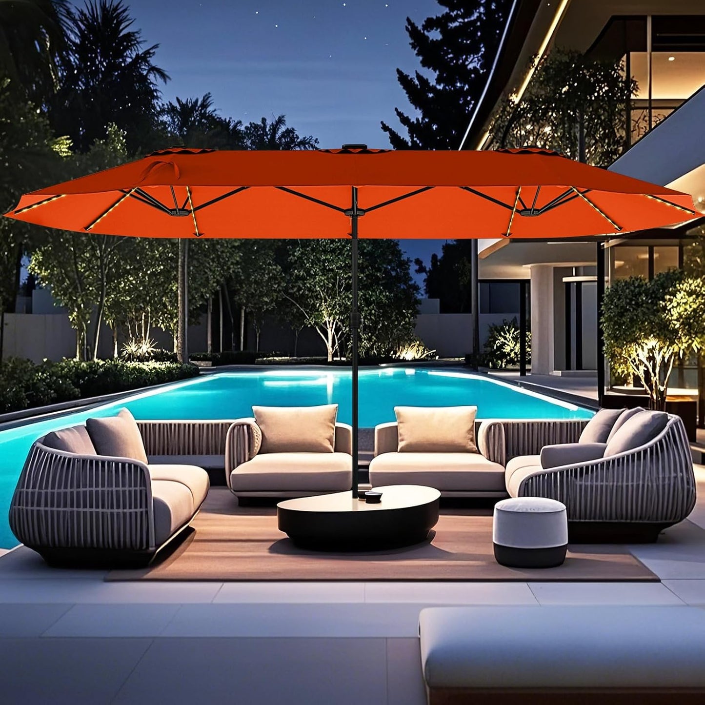 HAPPYGRILL 15.5 FT Double-sided Patio Umbrella with Solar Lights, Outdoor Twin Size Umbrella with Crank Handle & Heavy-Duty Ribs, Oversized Rectangle Umbrella for Garden Deck Poolside