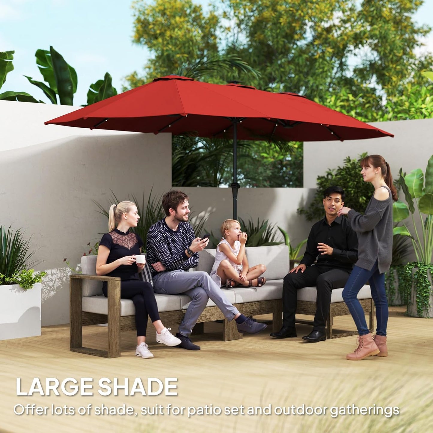 Outsunny 13ft Large Patio Umbrella with Solar Lights, Rectangular Double-Sided Outdoor Market Umbrella with Crank Handle and 48 LED Lights for Garden, Pool and Backyard, UPF 30+