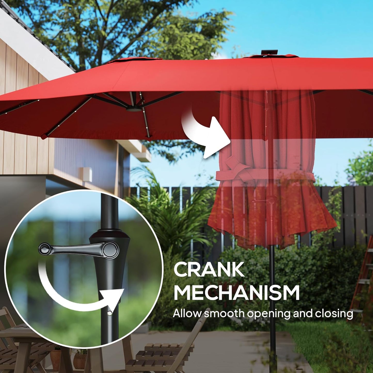 Outsunny 13ft Large Patio Umbrella with Solar Lights, Rectangular Double-Sided Outdoor Market Umbrella with Crank Handle and 48 LED Lights for Garden, Pool and Backyard, UPF 30+