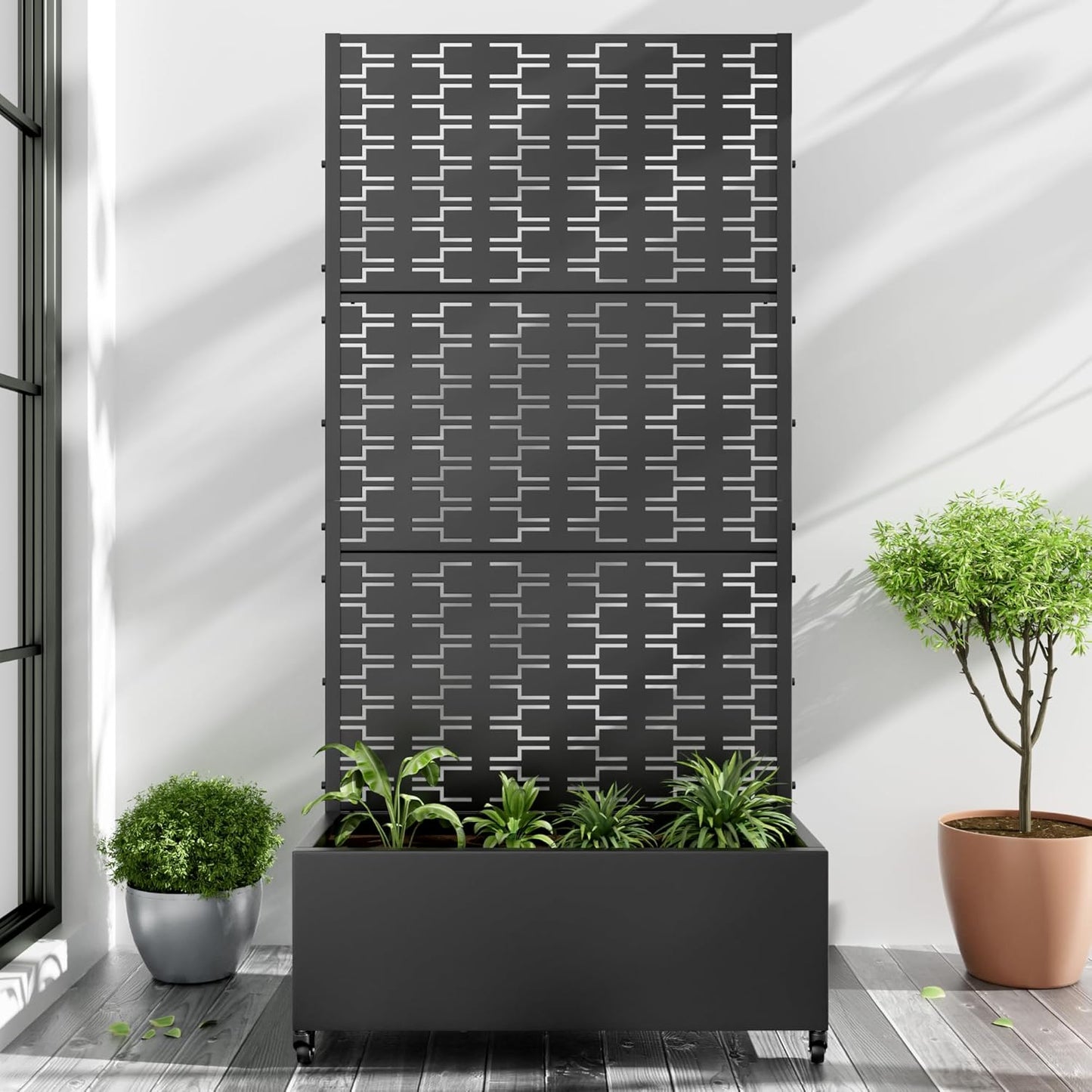 Casaphoria Metal Raised Garden Bed with Trellis and Wheels, 72"x47"x16" Arched Planter Box for Climbing Plants, Vegetables & Vines, Features Drainage Holes and Privacy Screen (Black-Fence)