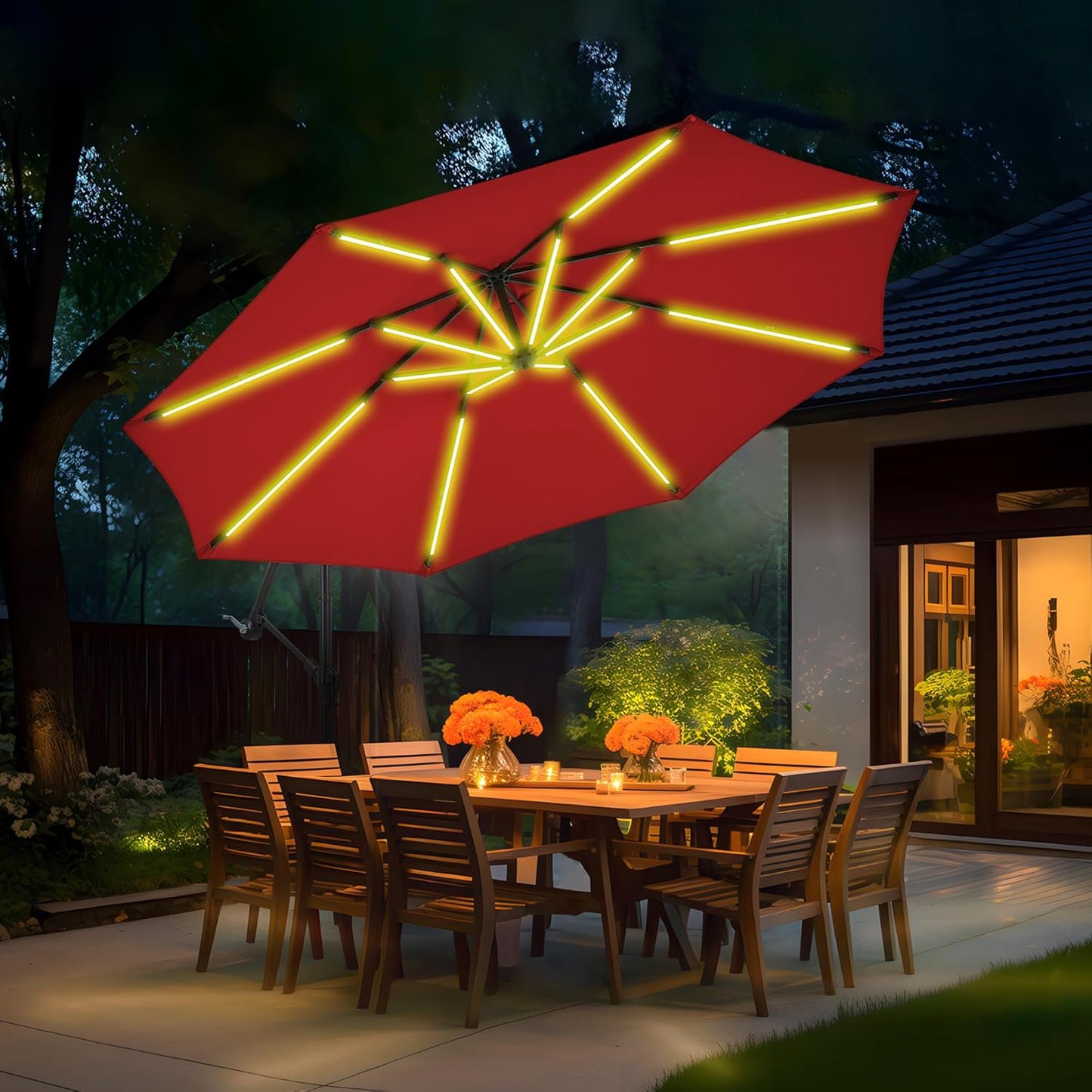 10 ft Offset Patio Umbrella with Stands Included, Large Cantilever Umbrella Outdoor Patio with Solar Lights, Dual Charging, 8+ Light Modes, Heavy Duty, for Pool, Deck, Market, Teal Blue