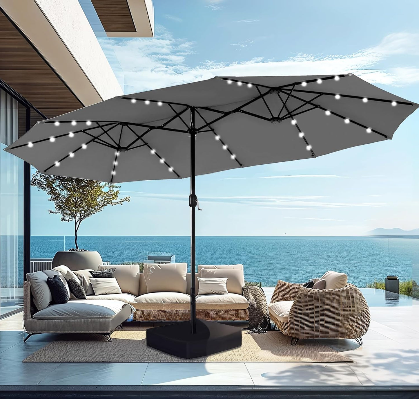 PHI VILLA 15ft Large Patio Umbrella with Base & Solar Lights, Double-Sided Outdoor Rectangle Umbrellas with 36 LED Lights, Umbrella for Outside with Stand, Beige