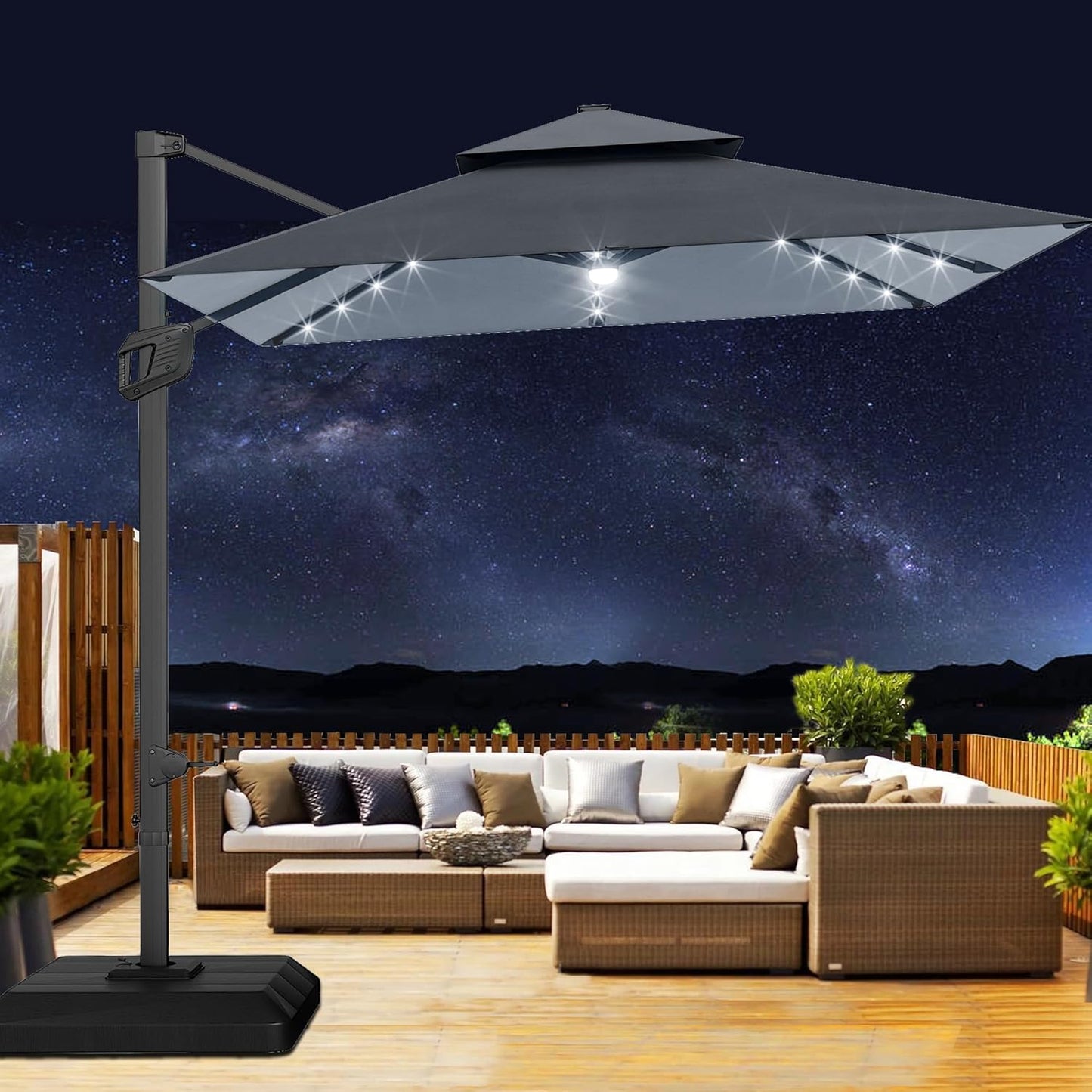 10' x 10' Heavy Duty Cantilever Patio Umbrella with Solar LED Lights & Weighted Base, 2-Tier Square Aluminum Offset Outdoor Umbrella with 360-Degree Rotation for Backyard, Deck, Pool, Tan