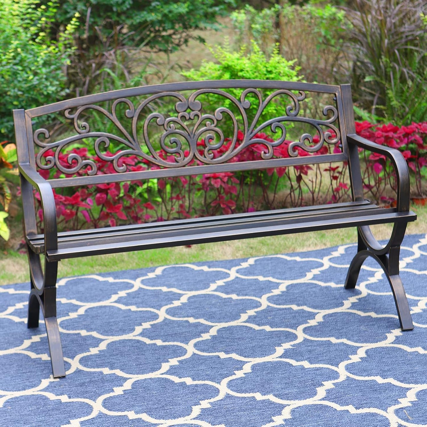 MFSTUDIO 50 Inches Outdoor Garden Bench, Cast Iron Metal Frame Patio Park Bench with Floral Pattern Backrest, Arch Legs for Porch Lawn Garden Yard(Black)