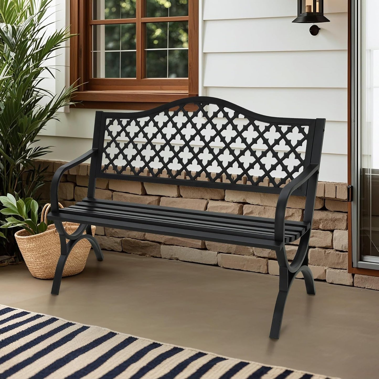 MFSTUDIO 50 Inches Outdoor Garden Bench, Cast Iron Metal Frame Patio Park Bench with Floral Pattern Backrest, Arch Legs for Porch Lawn Garden Yard(Black)