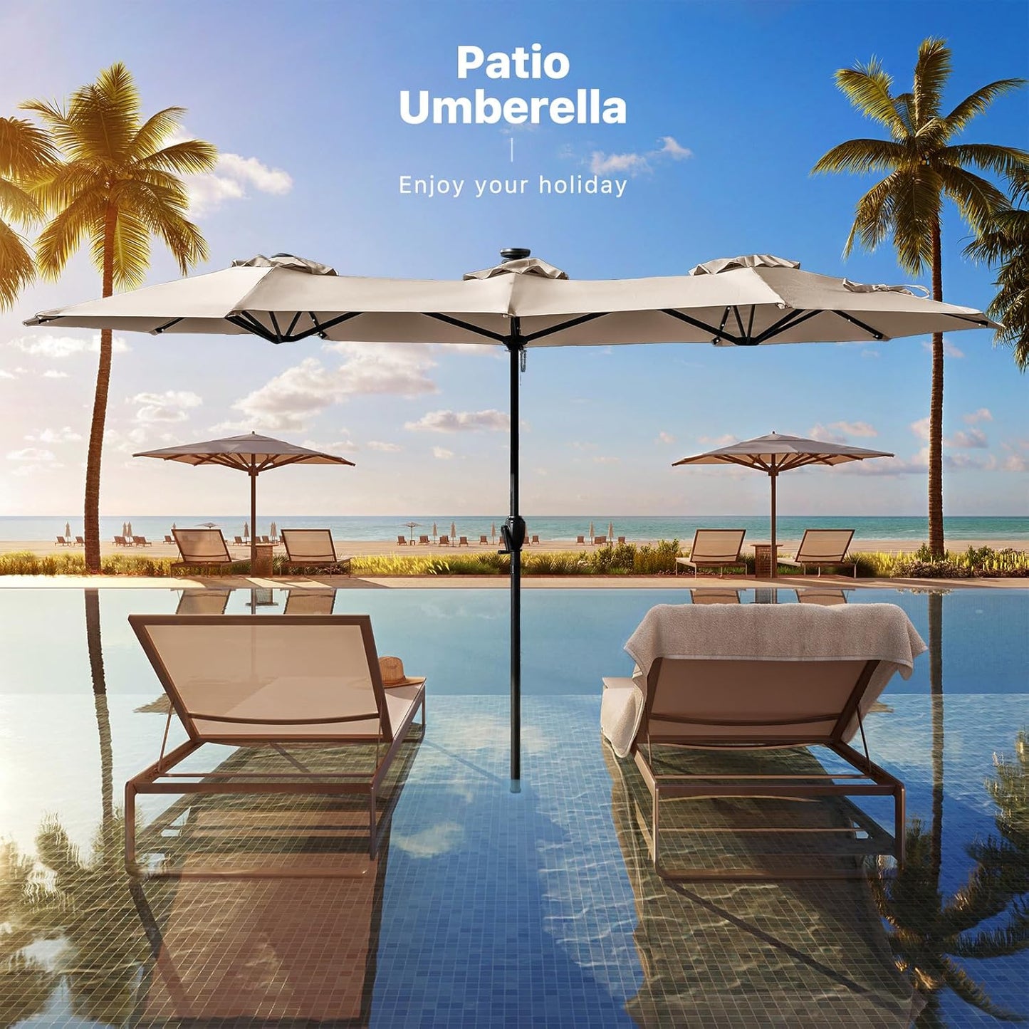 FREE SOLDIER 13ft Patio Umbrella with 36 LED Solar Lights Double Sided Outdoor Umbrella for Patio Table Umbrella with Solar lights for Garden Yard Pool (Beige)