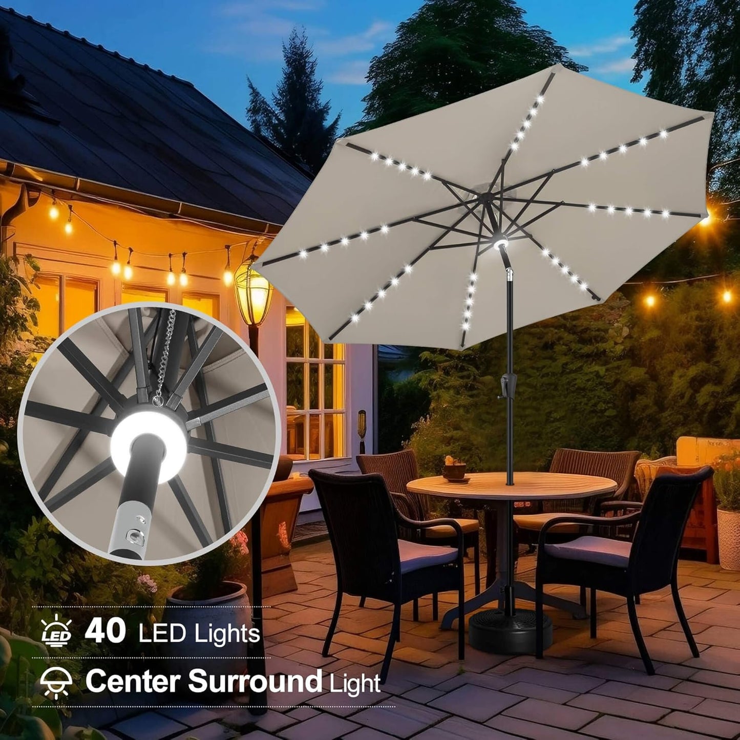 FLAME&SHADE 9 ft Patio Umbrella with Solar Lights, 40 LED Lighted Table Outdoor Umbrella for Deck, Pool, Porch, Backyard, Market, Garden, 8 Sturdy Ribs, UV Protection, Taupe