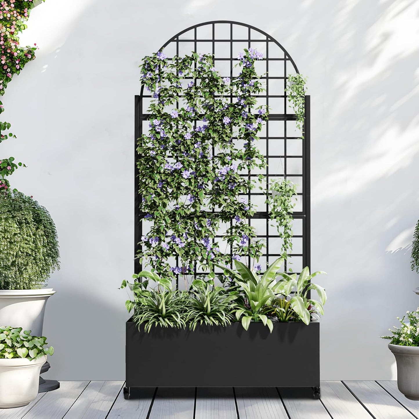 Casaphoria Metal Raised Garden Bed with Trellis and Wheels, 72"x47"x16" Arched Planter Box for Climbing Plants, Vegetables & Vines, Features Drainage Holes and Privacy Screen (Black-Fence)