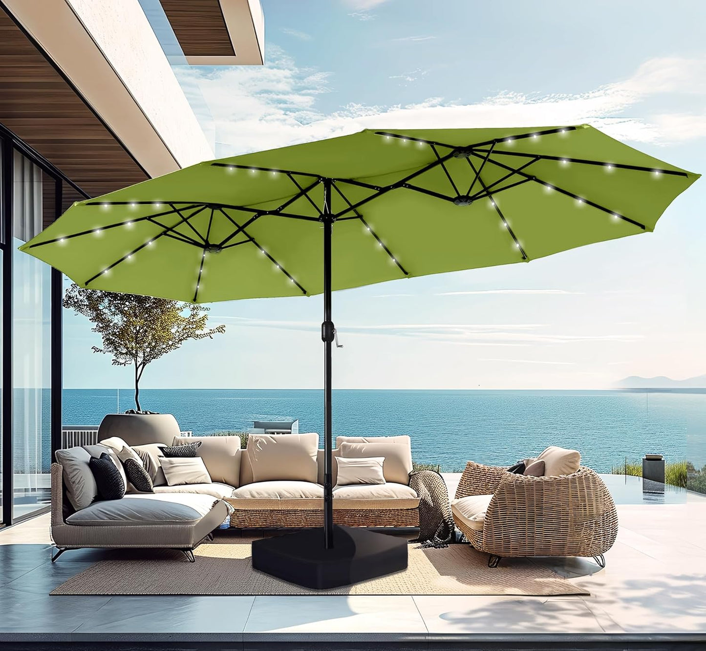 PHI VILLA 15ft Large Patio Umbrella with Base & Solar Lights, Double-Sided Outdoor Rectangle Umbrellas with 36 LED Lights, Umbrella for Outside with Stand, Beige