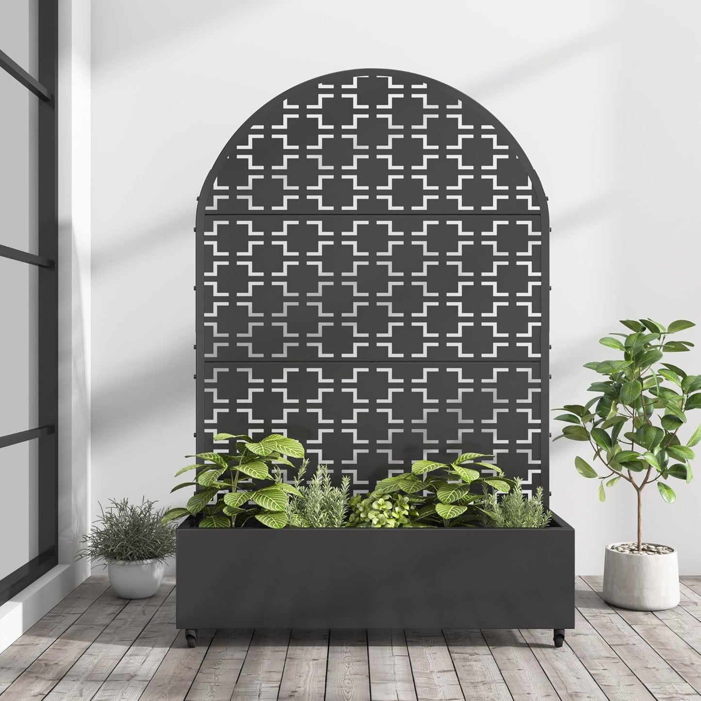 Casaphoria Metal Raised Garden Bed with Trellis and Wheels, 72"x47"x16" Arched Planter Box for Climbing Plants, Vegetables & Vines, Features Drainage Holes and Privacy Screen (Black-Fence)