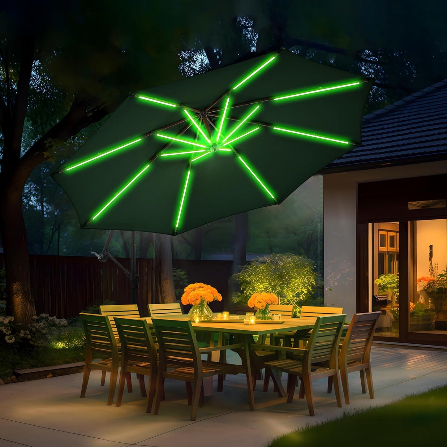 10 ft Offset Patio Umbrella with Stands Included, Large Cantilever Umbrella Outdoor Patio with Solar Lights, Dual Charging, 8+ Light Modes, Heavy Duty, for Pool, Deck, Market, Teal Blue