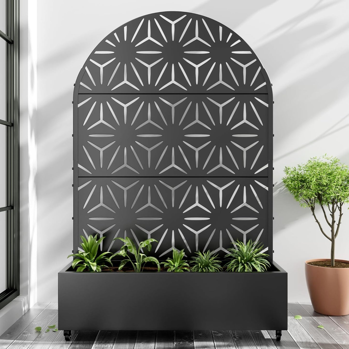 Casaphoria Metal Raised Garden Bed with Trellis and Wheels, 72"x47"x16" Arched Planter Box for Climbing Plants, Vegetables & Vines, Features Drainage Holes and Privacy Screen (Black-Fence)