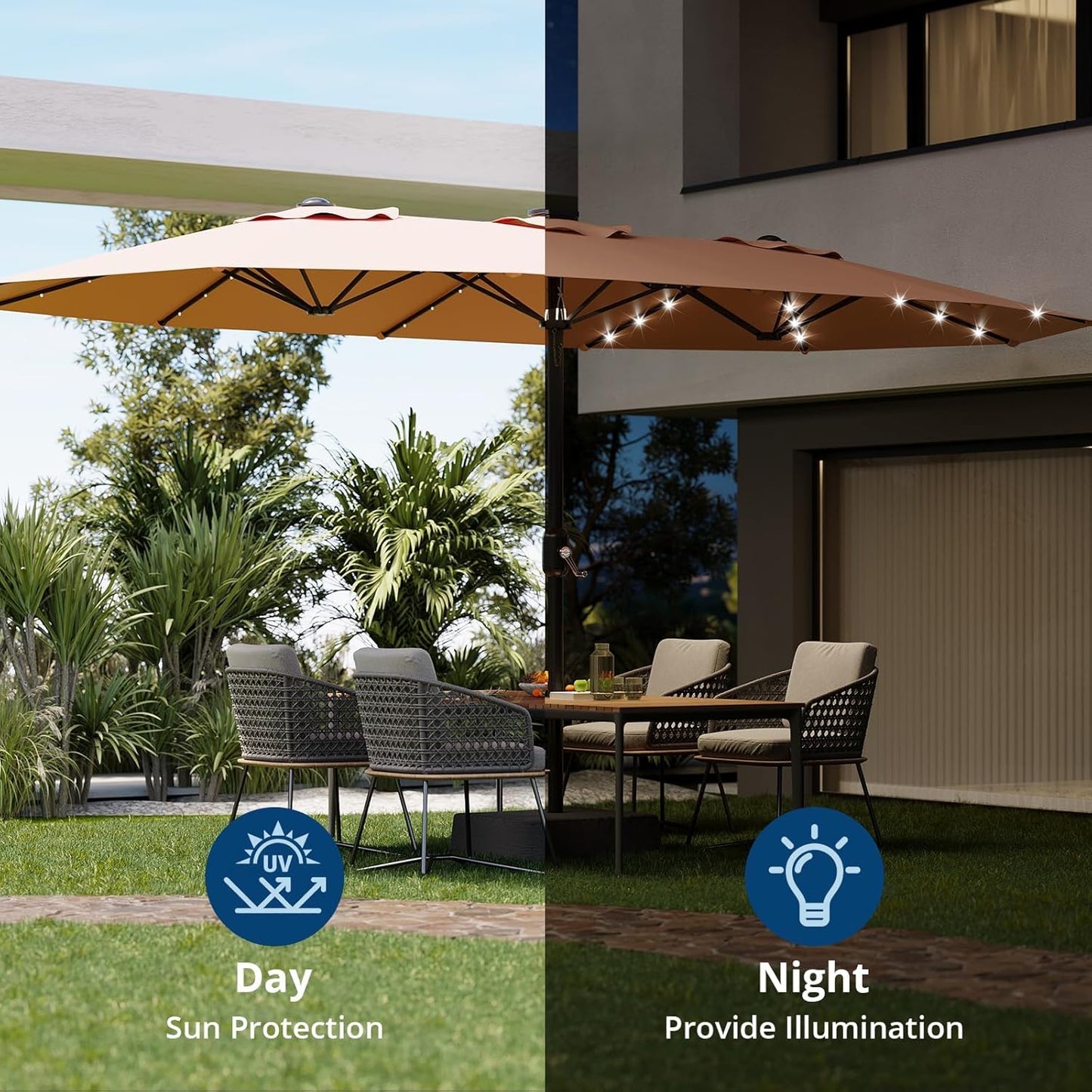 15FT Rectangular Patio Umbrella With Solar Lights & Base Included - Large Patio Umbrella With Crank Handle, UV Protection for Outdoor Market, Lawn, Backyard, Pool