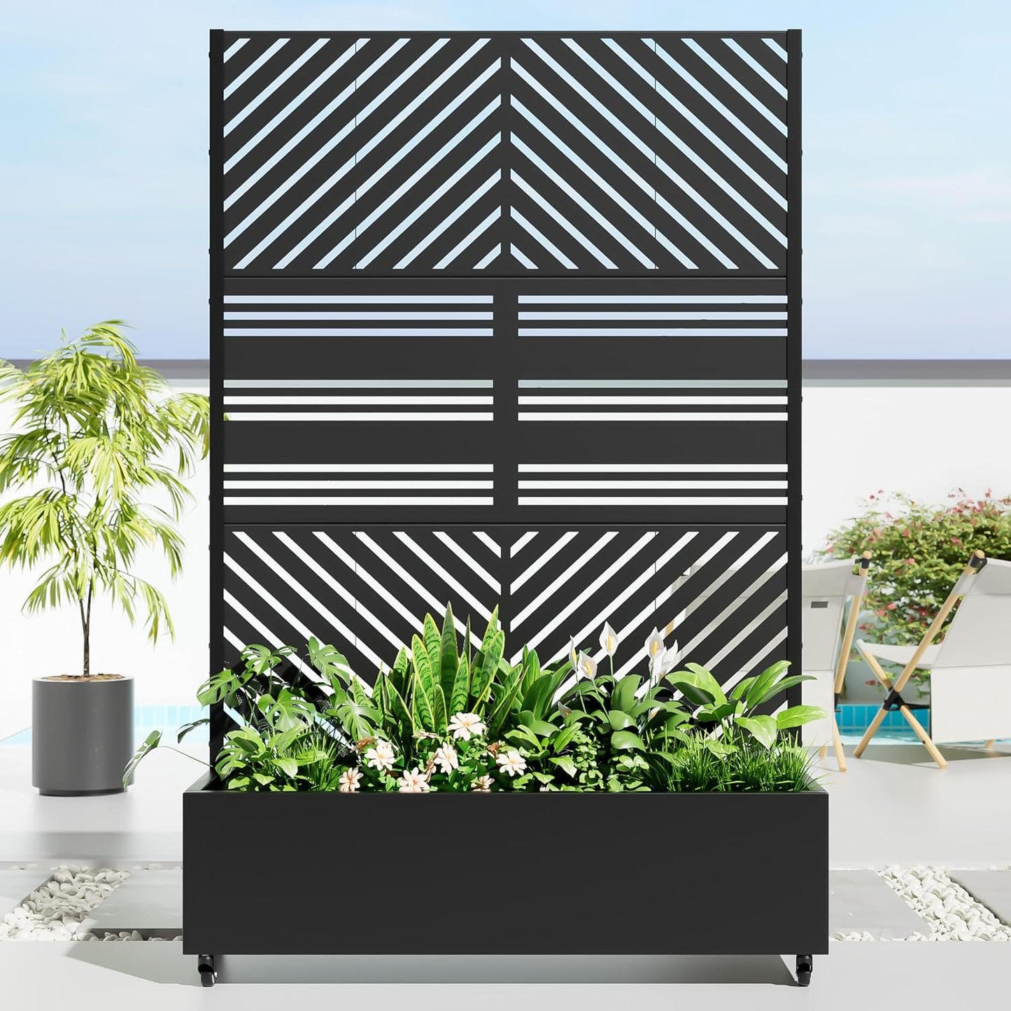 Casaphoria Metal Raised Garden Bed with Trellis and Wheels, 72"x47"x16" Arched Planter Box for Climbing Plants, Vegetables & Vines, Features Drainage Holes and Privacy Screen (Black-Fence)