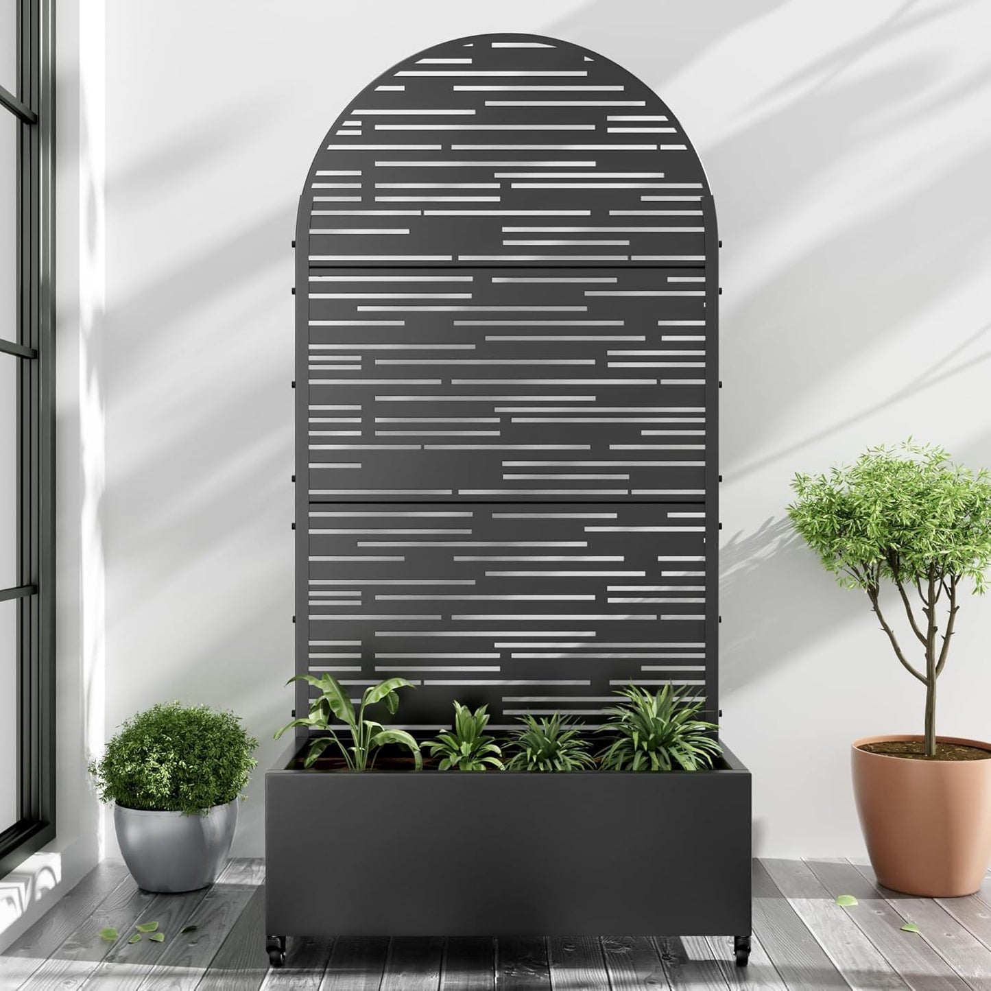 Casaphoria Metal Raised Garden Bed with Trellis and Wheels, 72"x47"x16" Arched Planter Box for Climbing Plants, Vegetables & Vines, Features Drainage Holes and Privacy Screen (Black-Fence)
