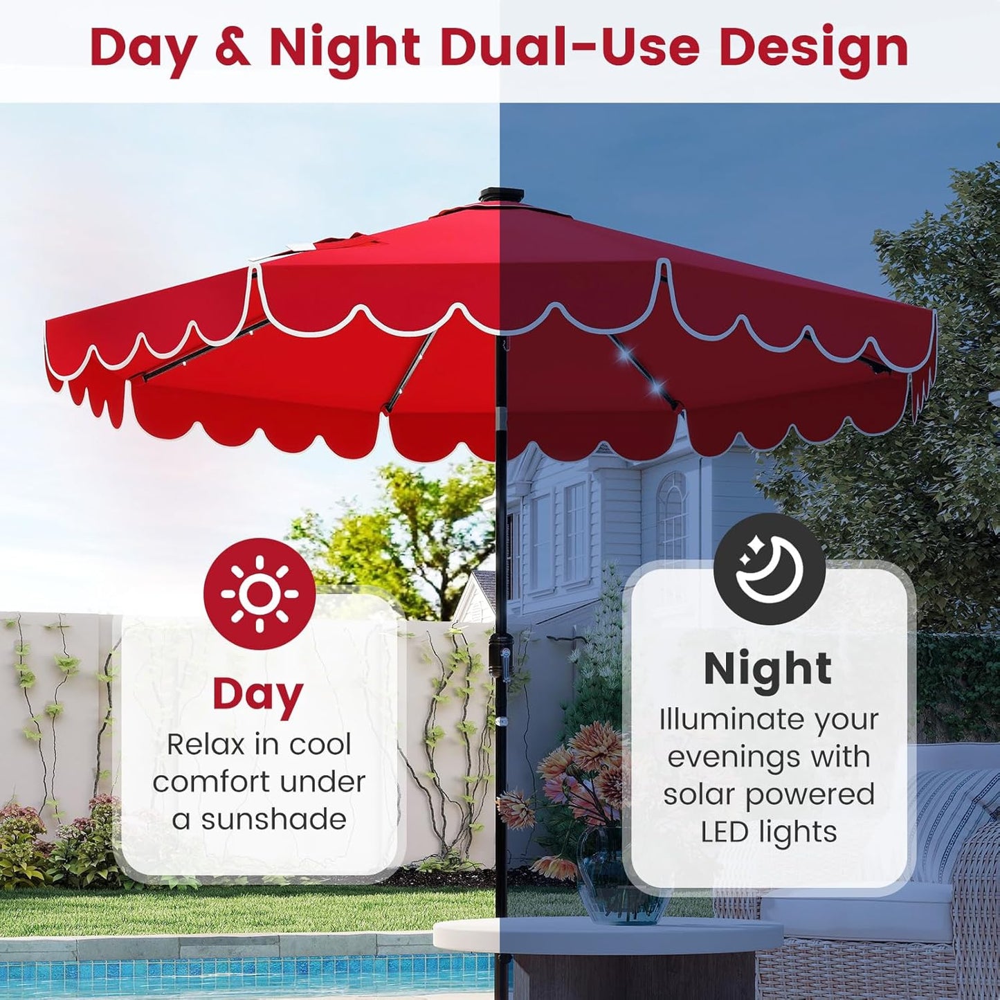 HAPPYGRILL 9 FT Patio Umbrella Outdoor Market Sunshade w/Solar LED Lights, Ruffles, Vented Top, Tilt Adjustment & Built-in Crank, Parasol Canopy for Backyard Poolside Deck Beach Lawn