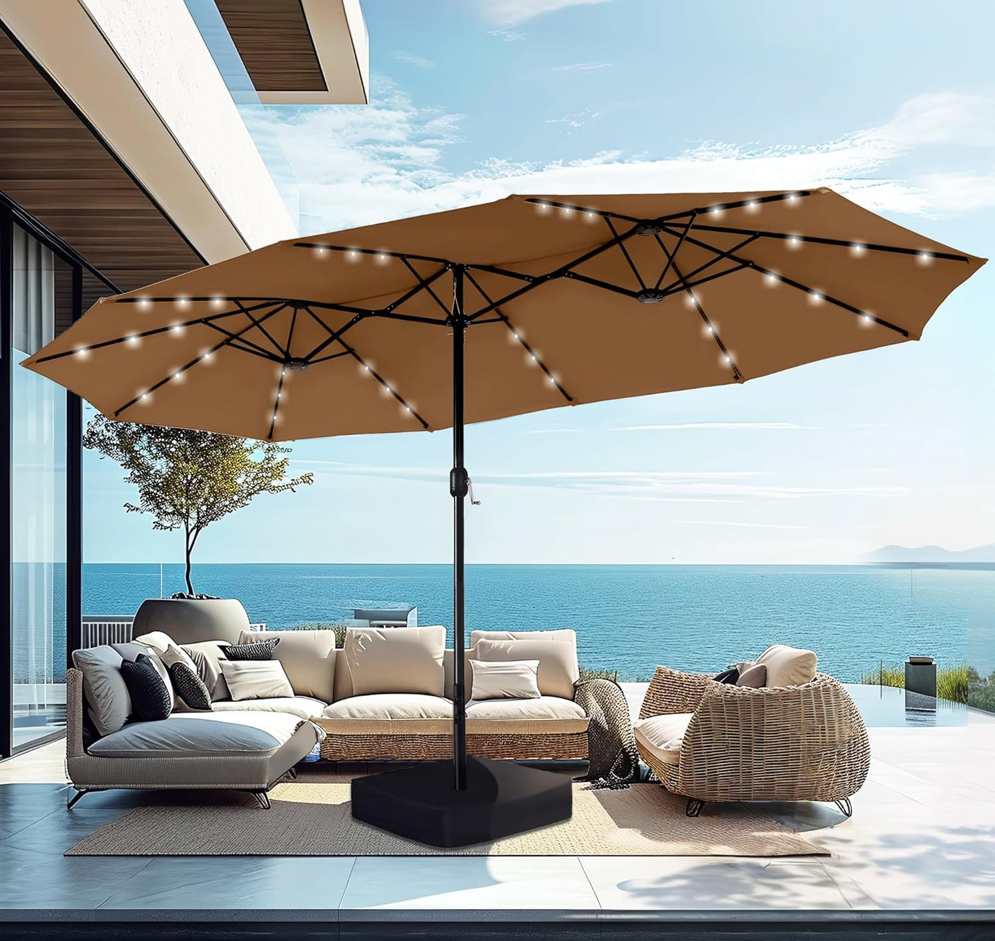PHI VILLA 15ft Large Patio Umbrella with Base & Solar Lights, Double-Sided Outdoor Rectangle Umbrellas with 36 LED Lights, Umbrella for Outside with Stand, Beige