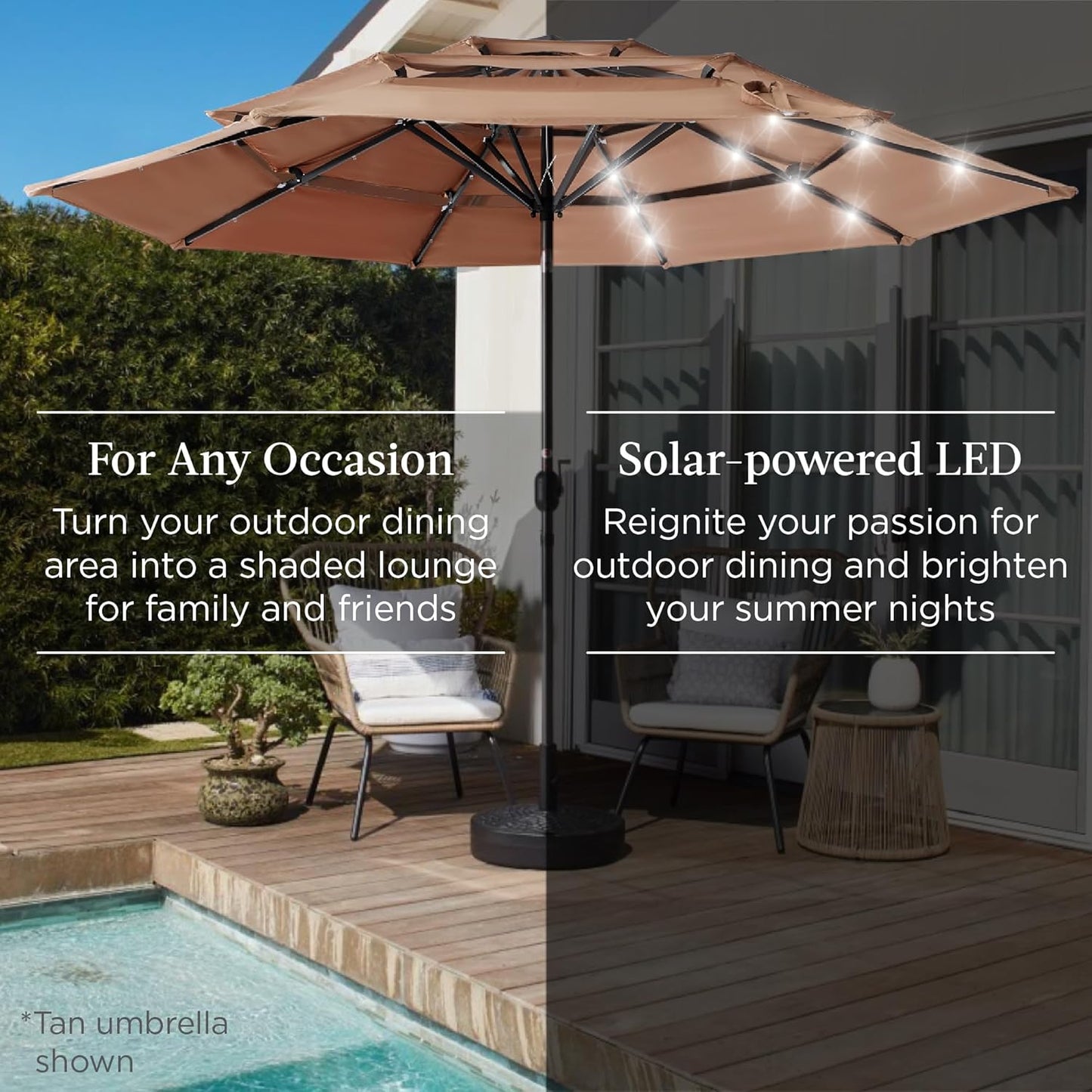 Best Choice Products 10ft 3-Tier Solar Patio Umbrella, Outdoor Market Sun Shade for Backyard, Deck, Poolside w/ 24 LED Lights, Tilt Adjustment, Easy Crank, 8 Ribs - Gray