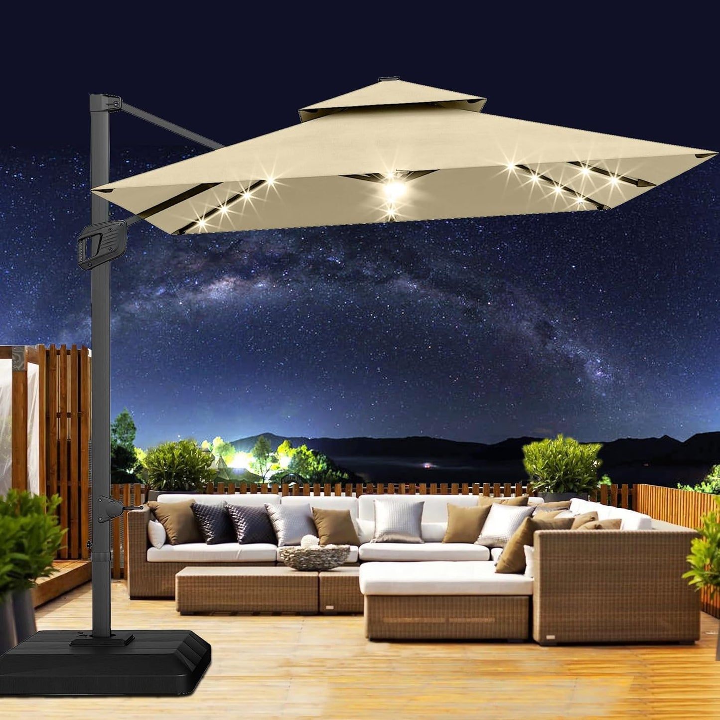 10' x 10' Heavy Duty Cantilever Patio Umbrella with Solar LED Lights & Weighted Base, 2-Tier Square Aluminum Offset Outdoor Umbrella with 360-Degree Rotation for Backyard, Deck, Pool, Tan