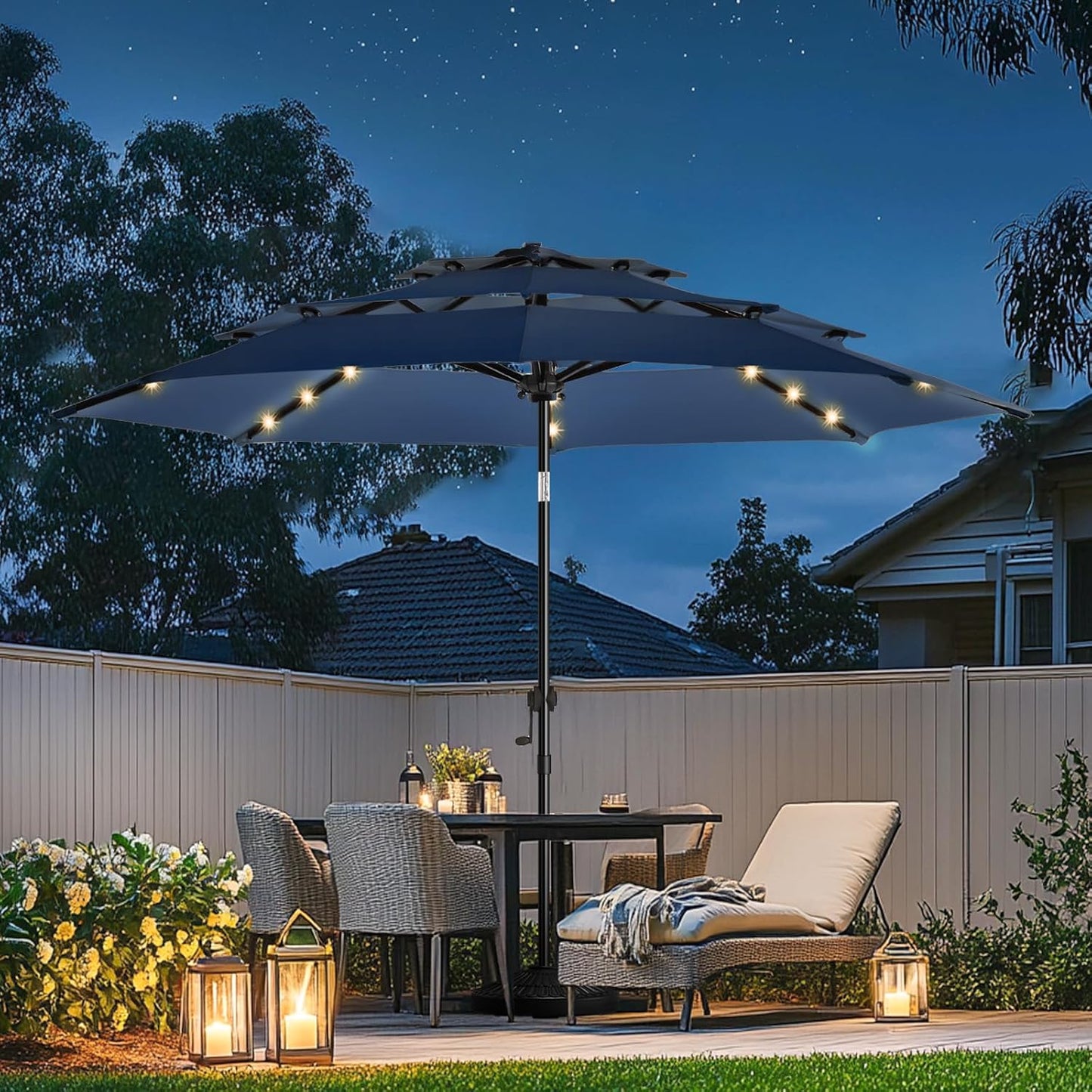 wikiwiki 9FT 3Tiers Solar Led Patio Umbrella, Sturdy Outdoor Market Umbrella for Deck, Pool, Garden w/Tilt, Crank, 32 LED Lights, Beige