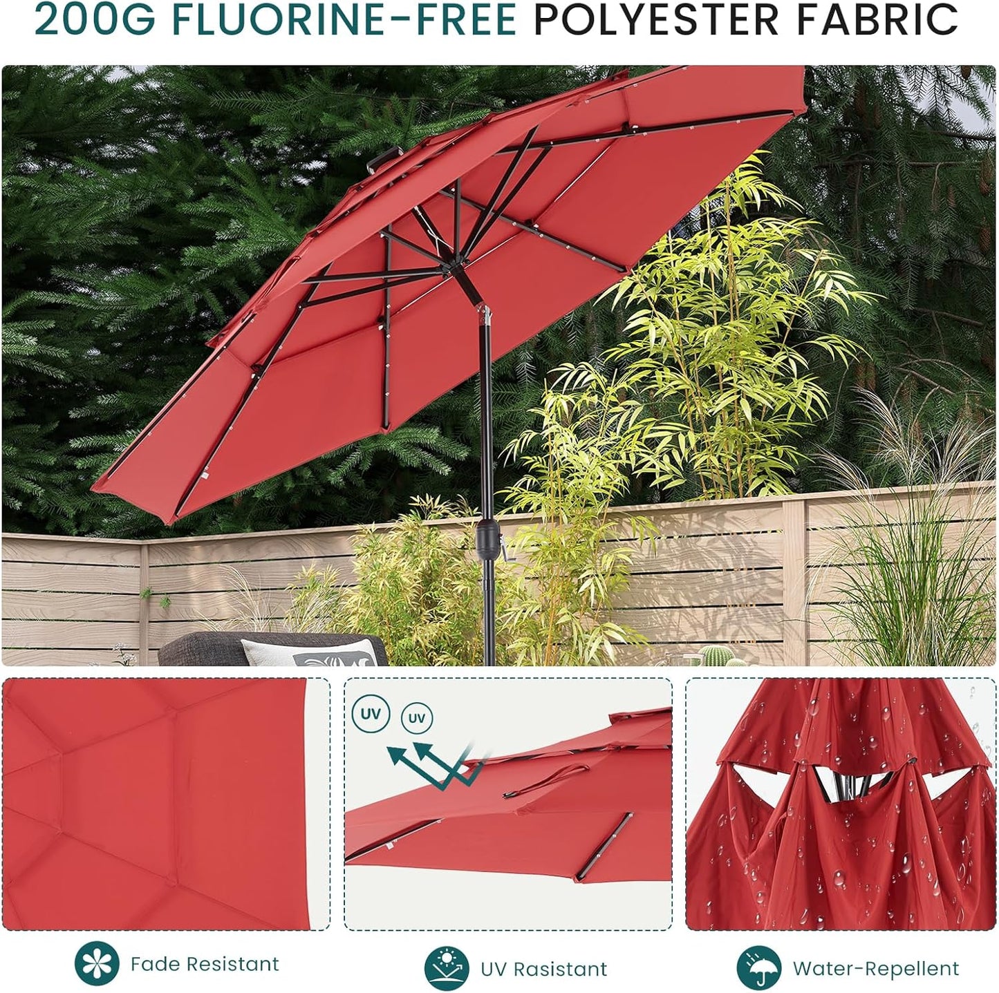 SMUG 10FT 3-Tier Solar Patio Umbrella with 32 LED Lights, Outdoor Umbrellas with Push Button Tilt and Crank, Tilting Table Umbrella with 8 Sturdy Ribs for Market, Beach, Pool, Garden, Deck, Backyard, Terrace, Restaurant, UV Protection, Red
