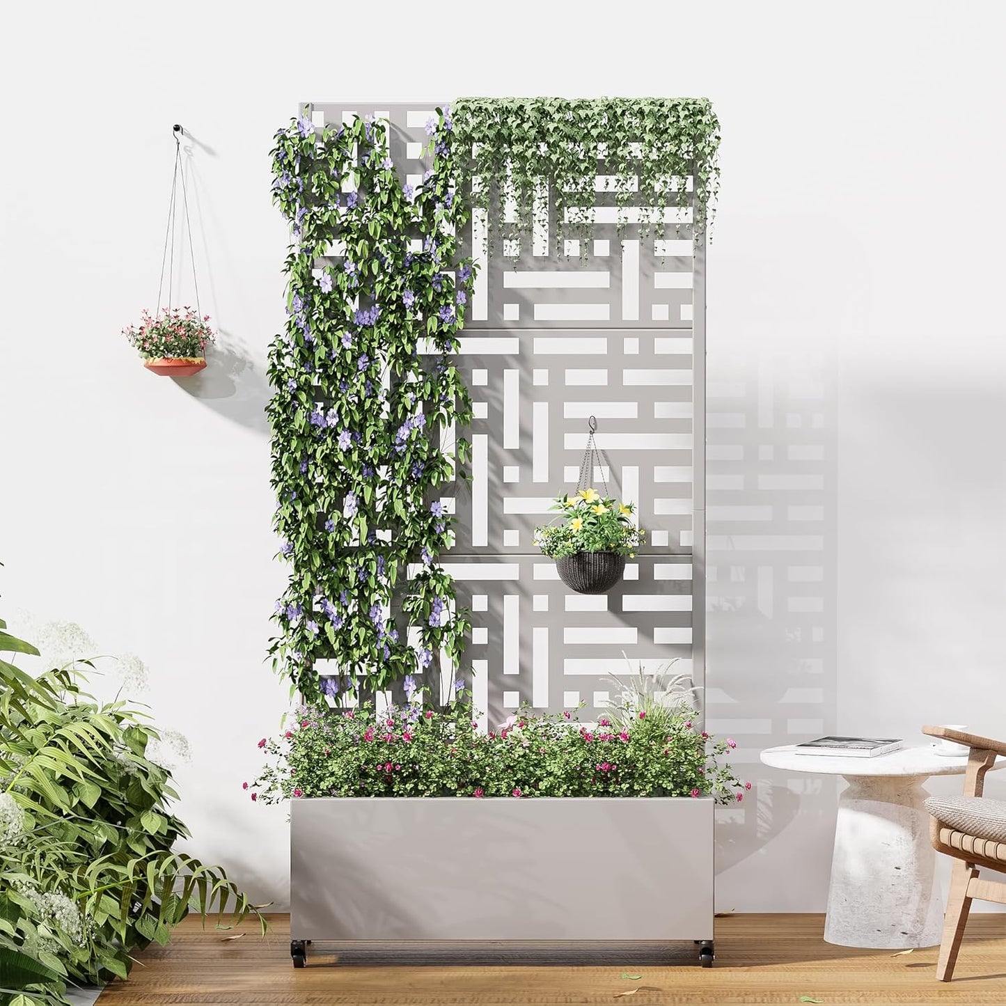 Casaphoria Metal Raised Garden Bed with Trellis and Wheels, 72"x47"x16" Arched Planter Box for Climbing Plants, Vegetables & Vines, Features Drainage Holes and Privacy Screen (Black-Fence)