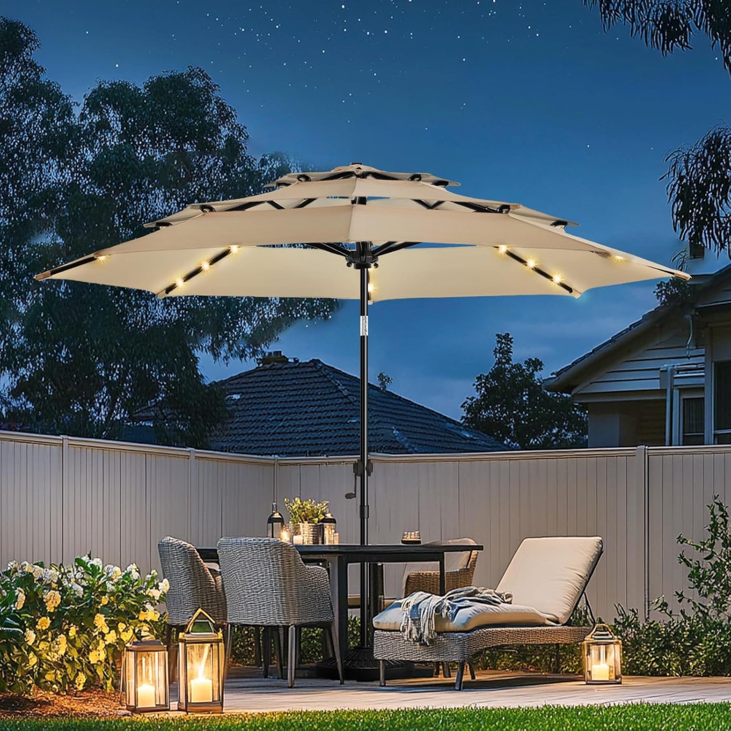 wikiwiki 9FT 3Tiers Solar Led Patio Umbrella, Sturdy Outdoor Market Umbrella for Deck, Pool, Garden w/Tilt, Crank, 32 LED Lights, Beige