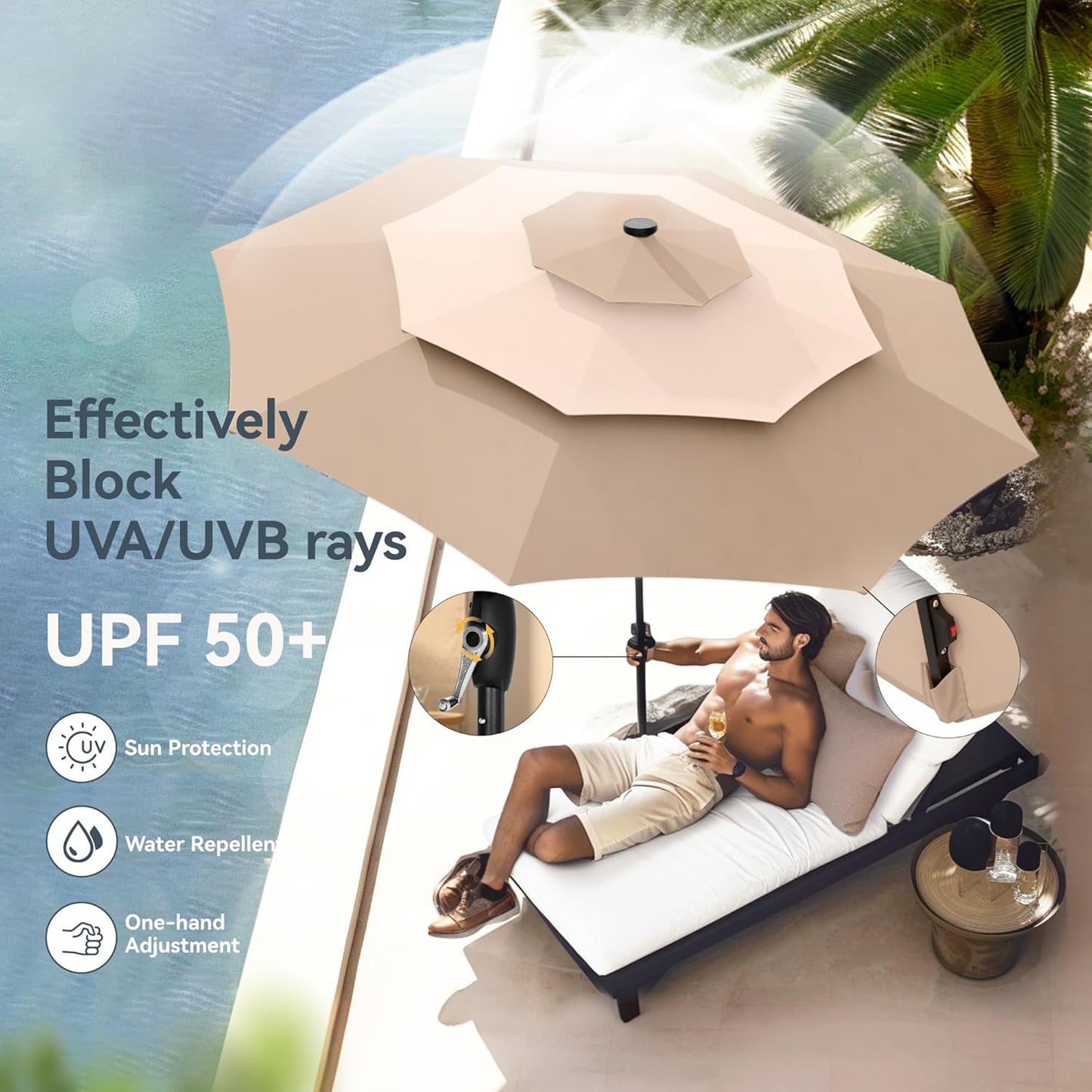 PHI VILLA 10ft Patio Umbrella with Solar Lights, Outdoor 3 Tier Vented Large Market Table Umbrella with 8 Sturdy Ribs and 1.5" Umbrellla Pole for Lawn Poolside Garden Terrace, Beige & Tan