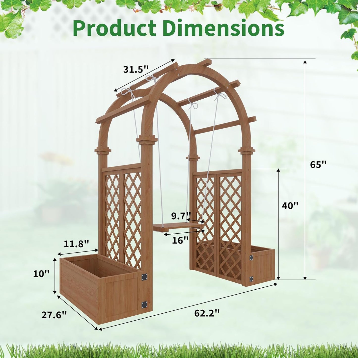 Wood Garden Arbor with Planter Boxes and Swing Outdoor Arch Trellis with Pergola for Climbing Plants Vines Grapes Backyard Wedding Party Decor
