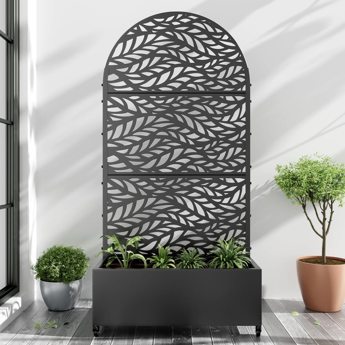 Casaphoria Metal Raised Garden Bed with Trellis and Wheels, 72"x47"x16" Arched Planter Box for Climbing Plants, Vegetables & Vines, Features Drainage Holes and Privacy Screen (Black-Fence)