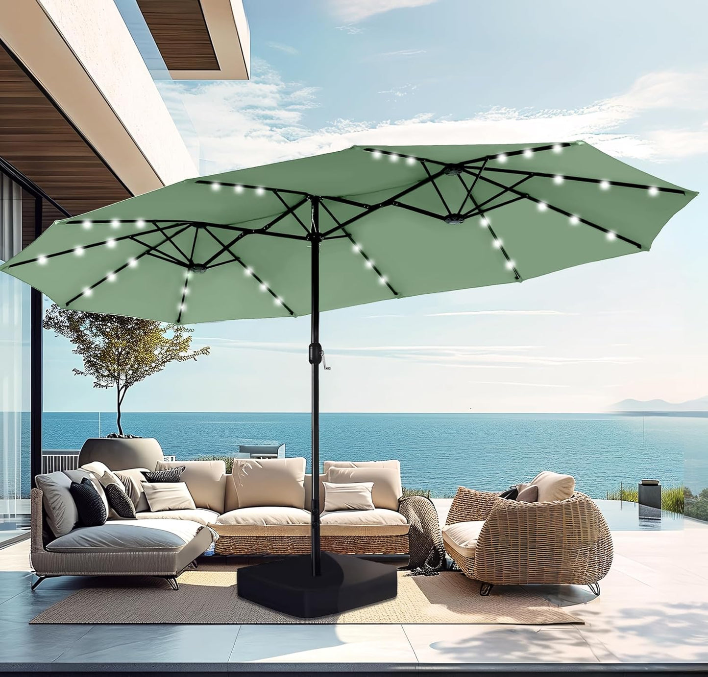 PHI VILLA 15ft Large Patio Umbrella with Base & Solar Lights, Double-Sided Outdoor Rectangle Umbrellas with 36 LED Lights, Umbrella for Outside with Stand, Beige